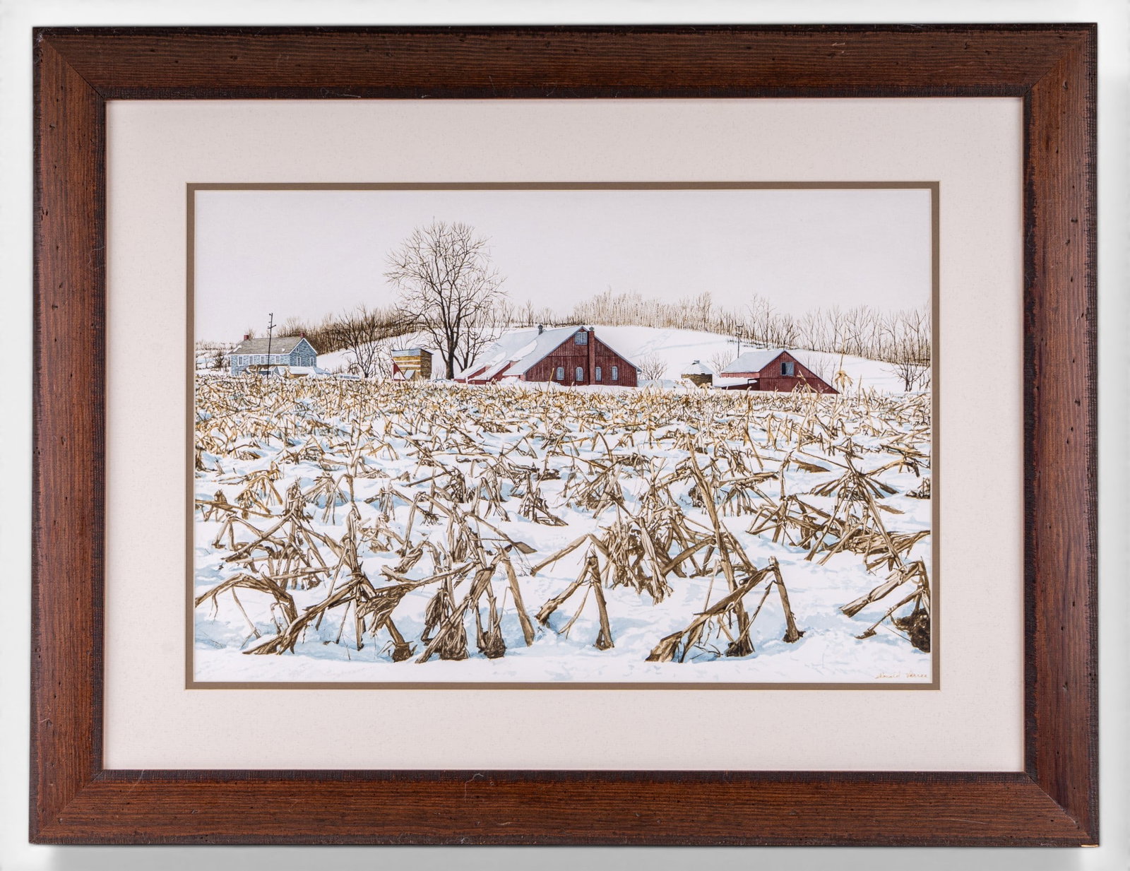 Winter Landscape by Ronald Ferree (Am 20th C): A framed watercolor painting depicting a winter farm landscape signed in the lower right corner by Ronald Ferree (American 20th C), measures approx. 23.5" H x 30.5" W.