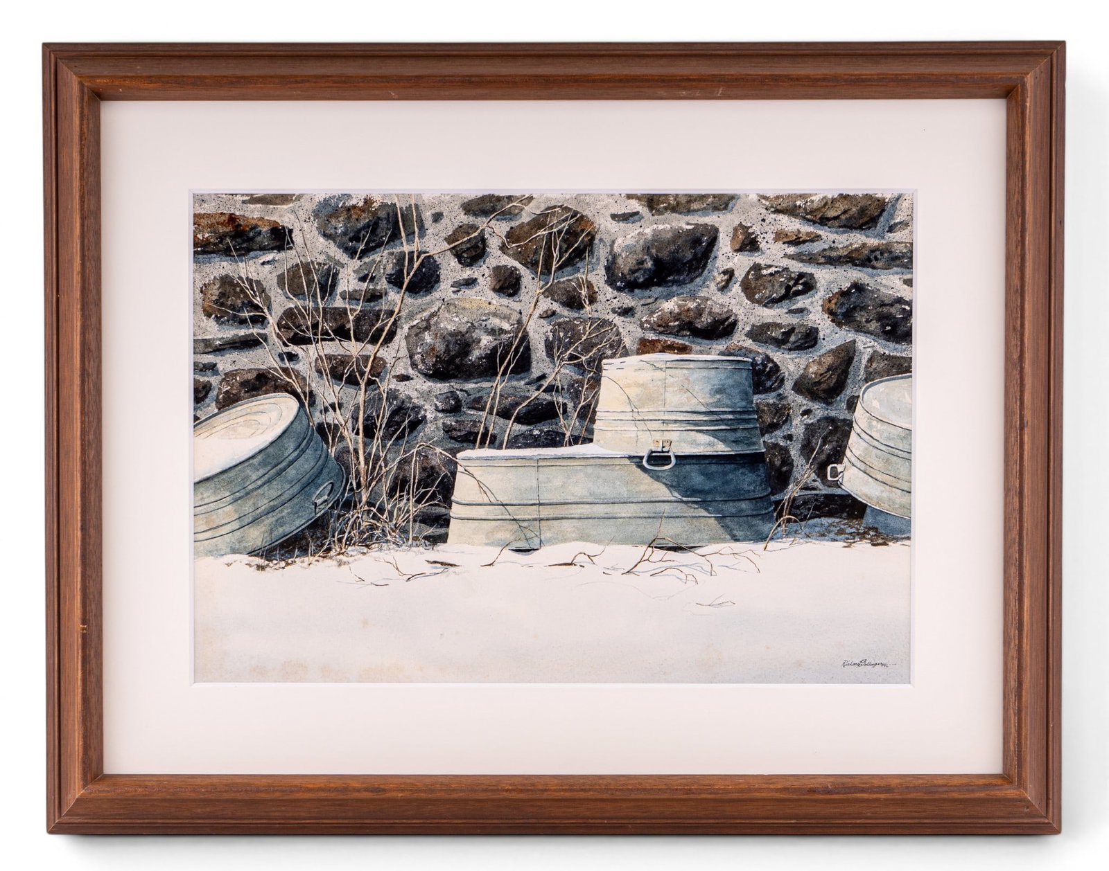Winter Watercolor by Richard Bollinger (Am 20th C): A framed watercolor painting depicting a still life of stacked steel troughs next to a stone wall, signed in the lower right corner by Richard Bollinger (American 20th C). Frame measures approx.