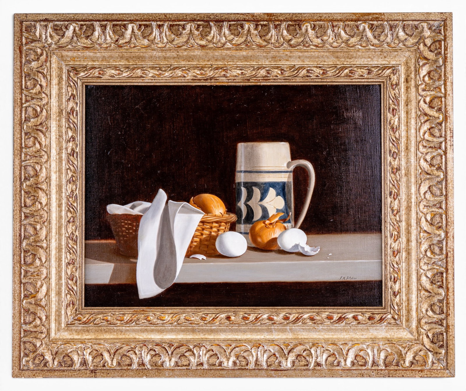 Oil on Canvas by T.K. Fitzkee (Am 1940-2012): An oil on canvas depicting a still life of onions. eggs, and beer stein, signed by Ted K. Fitzkee (American 1940-2012). Frame measures approx. 19" H x 23" W.