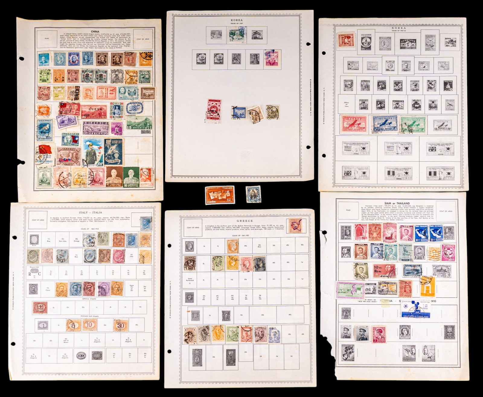 Asian Stamp Collection, China, Japan, Korea: Collection of Asian postage stamps housed on album pages, including China, Japan, North and South Korea, Thailand, along with other countries. Mixture of canceled and uncanceled examples.