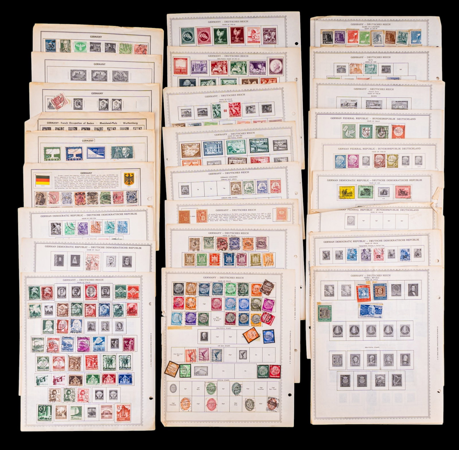 Extensive Germany Stamp Collection: Large collection of German postage stamps housed on album pages. Includes examples from the German Empire, Weimar Republic, inflation period, Third Reich, and other commemorative issues. Numerous canc