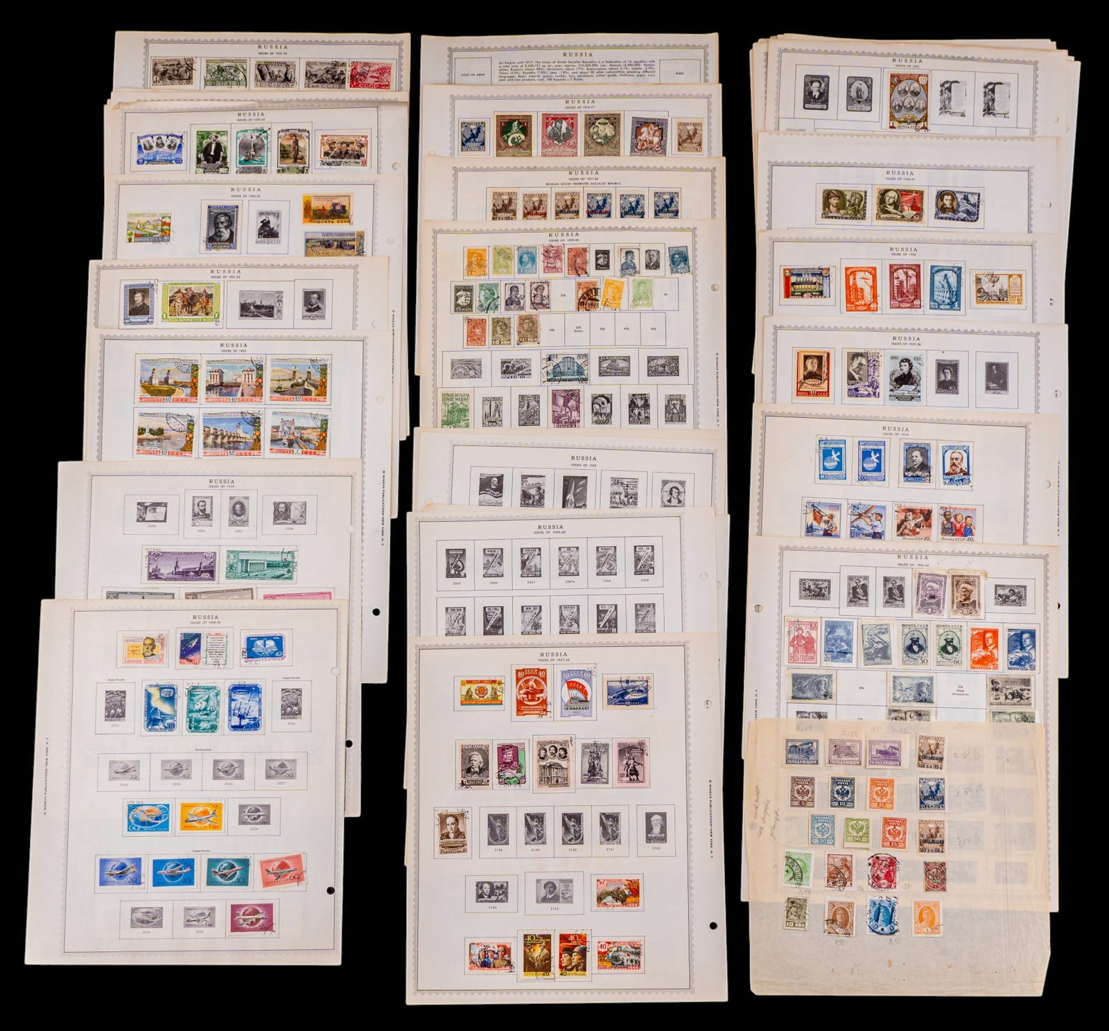 Russia and Soviet Union Stamp Collection: Large Russia and Soviet Union stamp collection on Minkus album pages. Includes Imperial Russia issues (1866-1917), early Soviet Union and USSR commemoratives. Used and unused examples. See photos.
