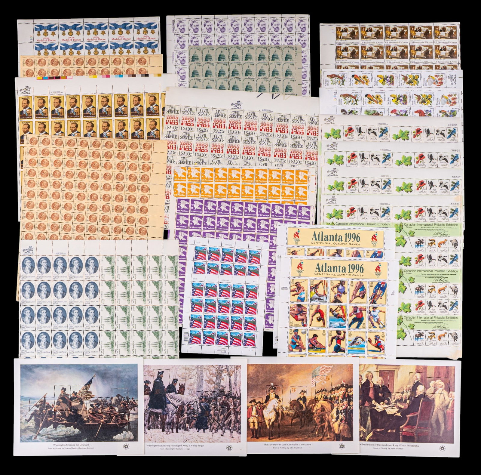 Collection of U.S. Mint Stamp Sheets: Large Collection of Unite States mint stamp sheets. Includes Treaty of Paris Bicentennial 20 cent, Atlanta 1996 Centennial Olympic Games, Medal of Honor commemoratives, Carl Schurz 4 cent sheet,