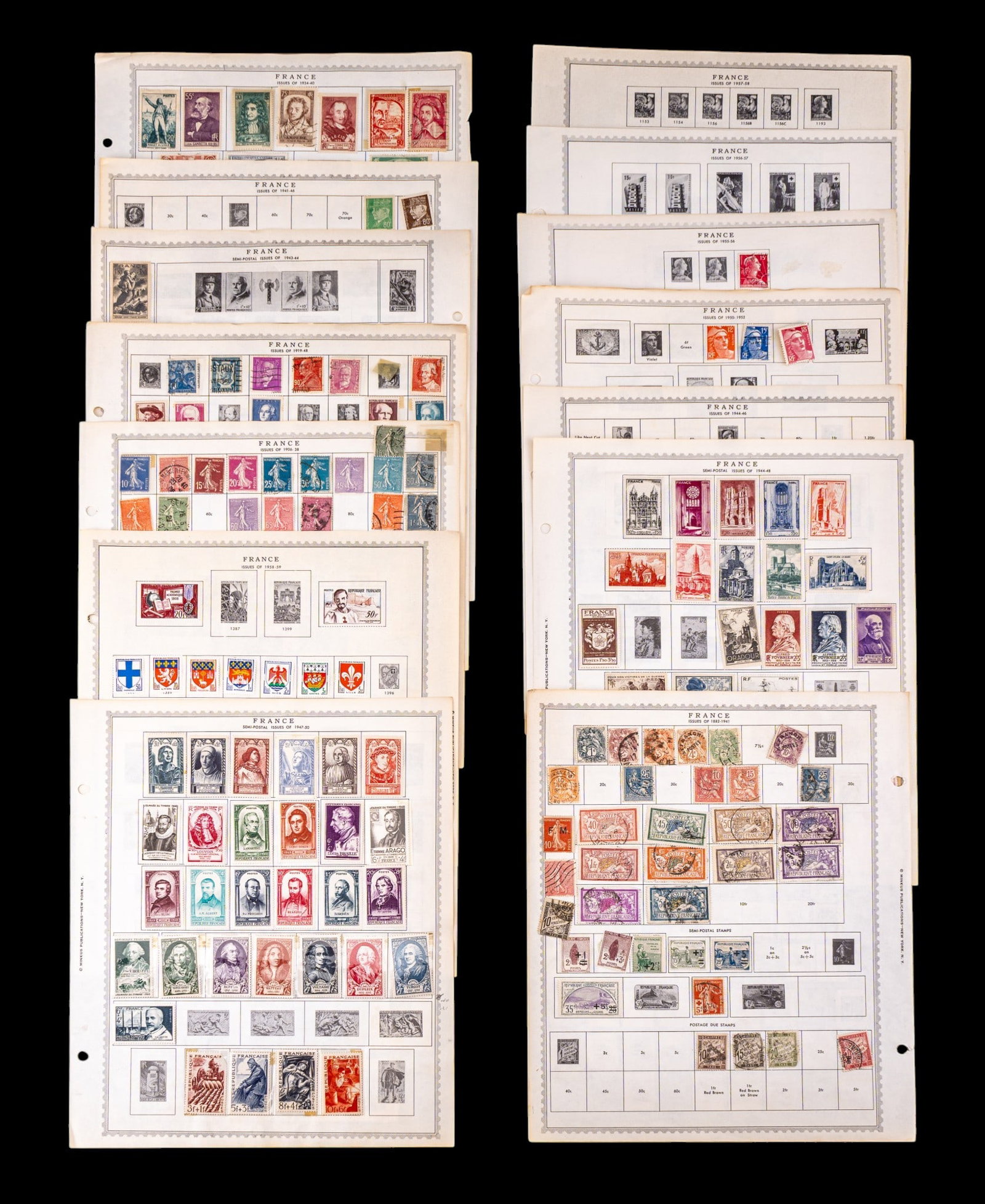Extensive France Stamp Collection: Large collection of French postage stamps mounted on album pages spanning the late 19th century through the mid-20th century. Themes include definitives, Marianna and Sower issues, historical