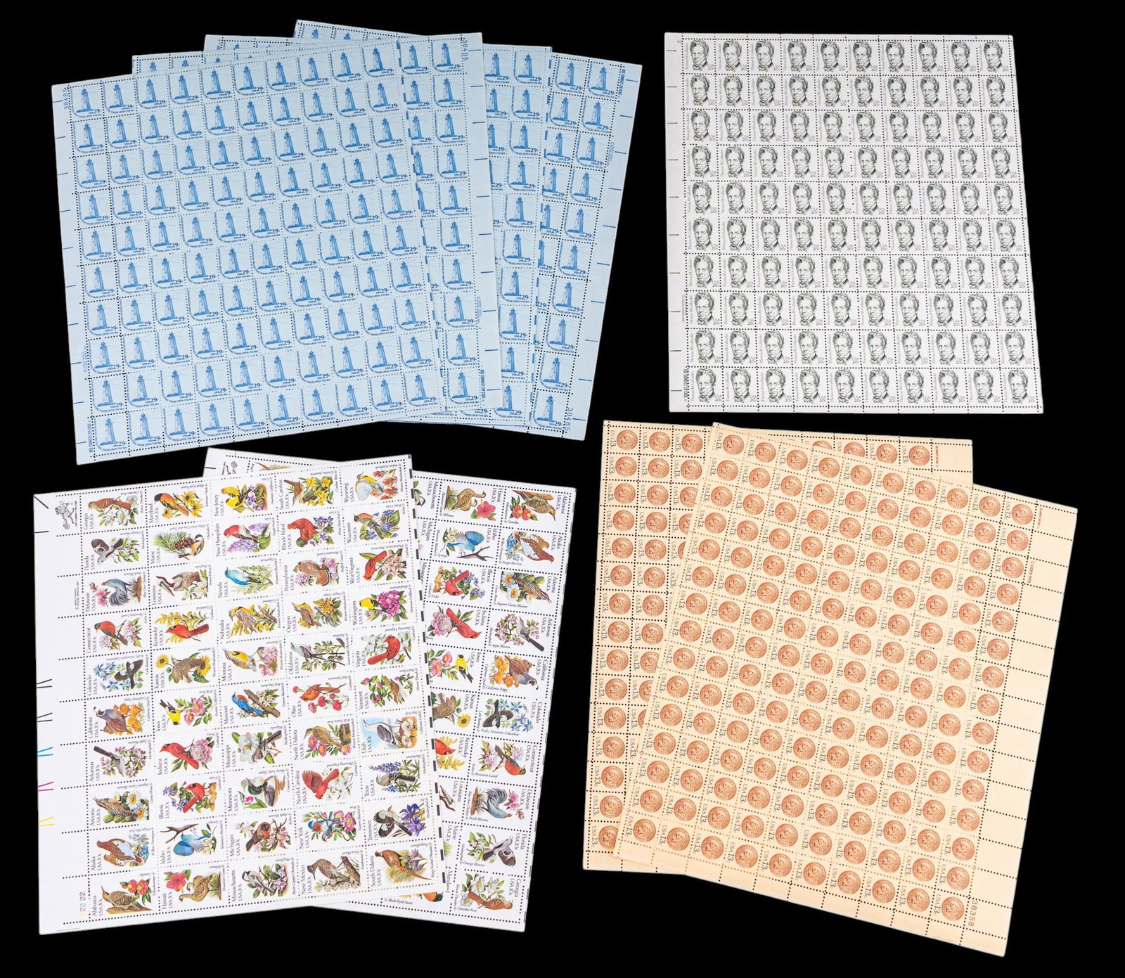 United States Mint Sheet Stamp Collection: Mint United States full postage sheets including commemorative and definitive issues. Subjects include State Birds and Flowers, Thomas H. Gaullaudet, Lighthouse, and Indian Head Pennies.