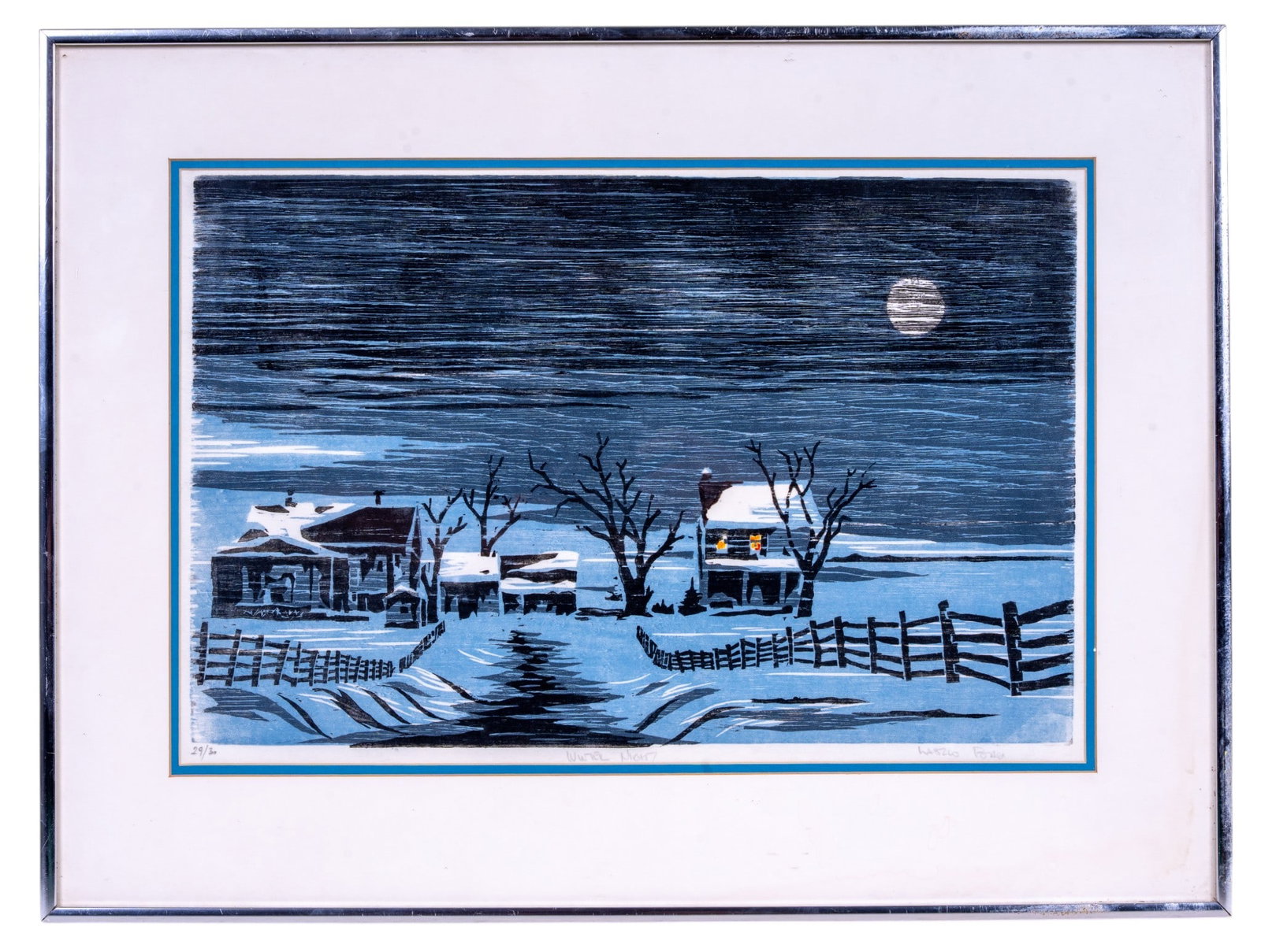 Numbered Print of Winter Night Scene: Numbered print depicting a winter night scene with houses, trees, and a fence under a full moon. The print is signed and numbered as 29/30, indicating it is part of a limited edition. The piece is fra