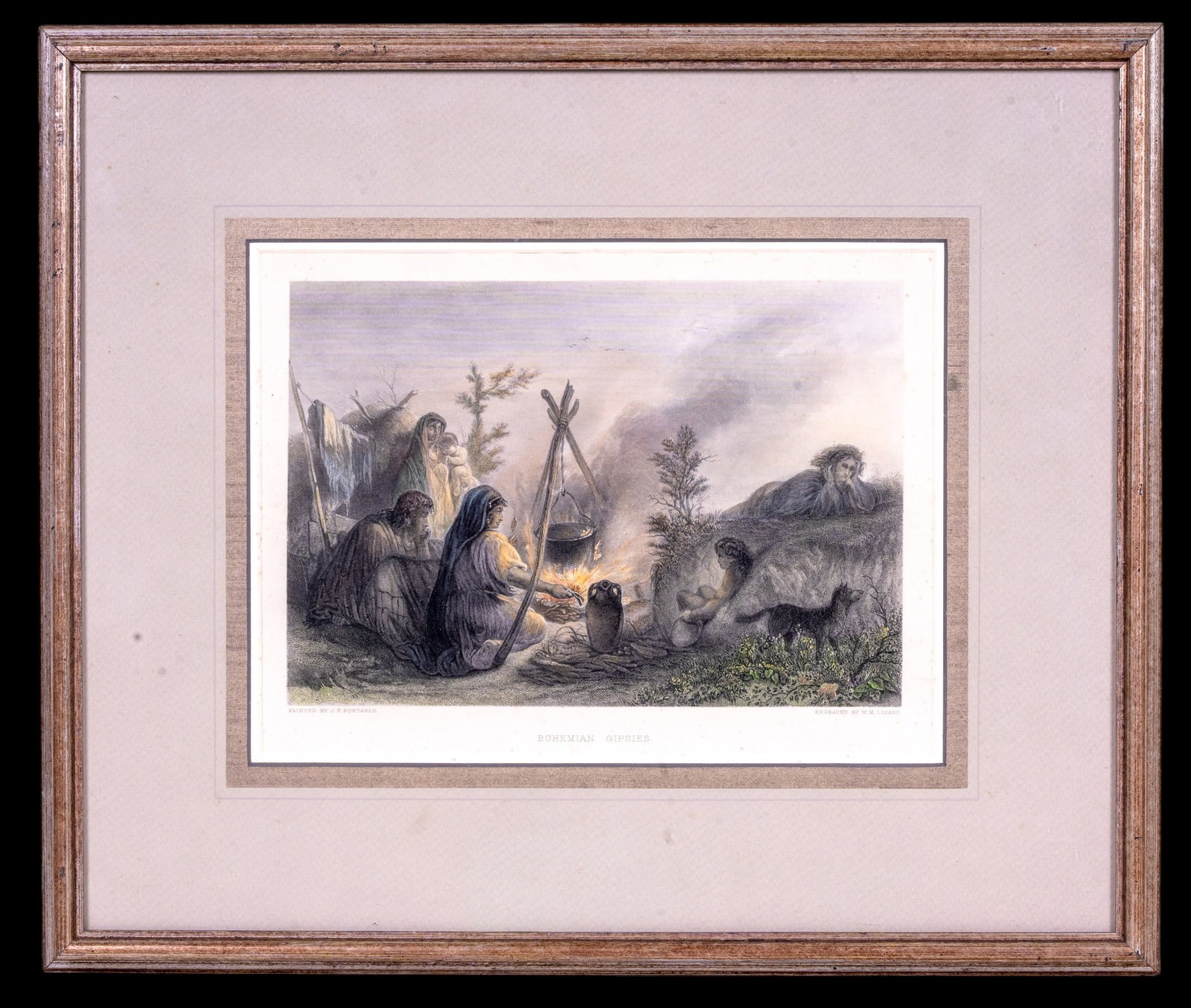 Engraving by W.M. Lizars: Framed engraving titled Bohemian Gipsies, with an outer dimension of approximately 19" W x 16" H. Painted by J.F. Portaels and engraved by W.M. Lizars, the piece depicts a rustic scene and features