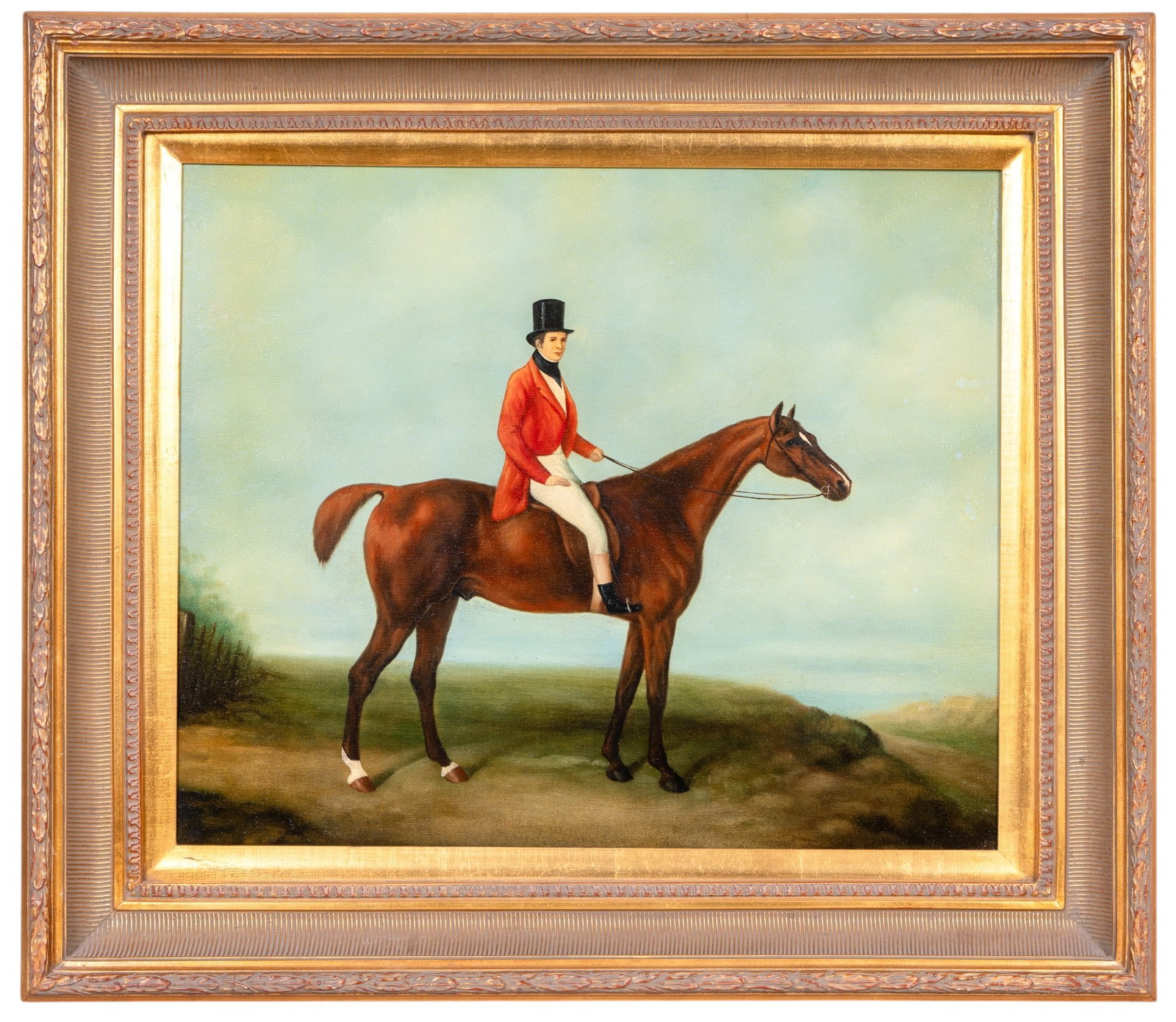 Equestrian Oil On Canvas, 20th C: Hand painted portrait of a gentleman on horse back in formal dress with a top hat and red jacket on the hunt. Canvas size is 20 x 24 inches and is nicely framed in a gilt wood and gesso frame measurin