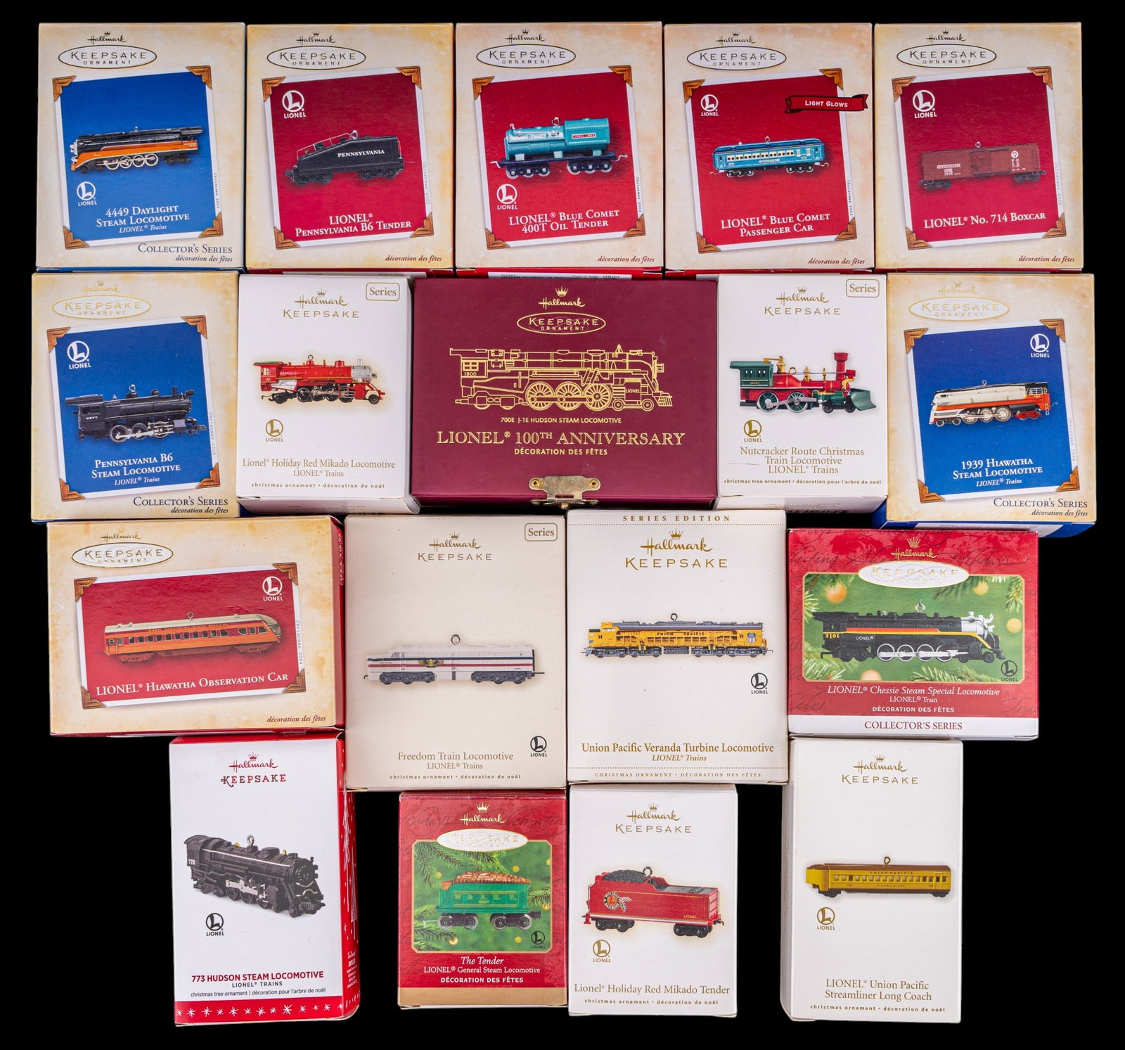 Hallmark Keepsake Lionel Train Christmas Ornaments: A large collection of 18 Hallmark Keepsake Christmas tree ornaments featuring Lionel Trains, in original boxes, some sealed, including Nutcracker Route Christmas Train Locomotive, 773 Hudson Steam