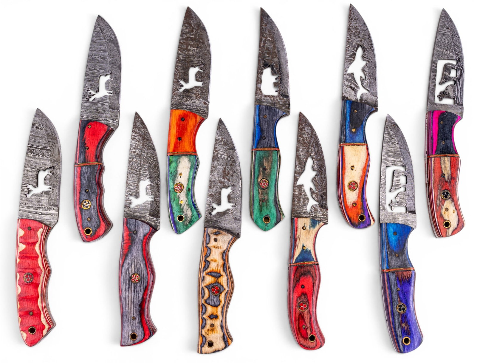 Damascus Steel Knives, Figural Decorative Cutouts: Ten Damascus steel artisan knives with figural cutouts of bears, sharks, deer, etc. 3.5" blades.