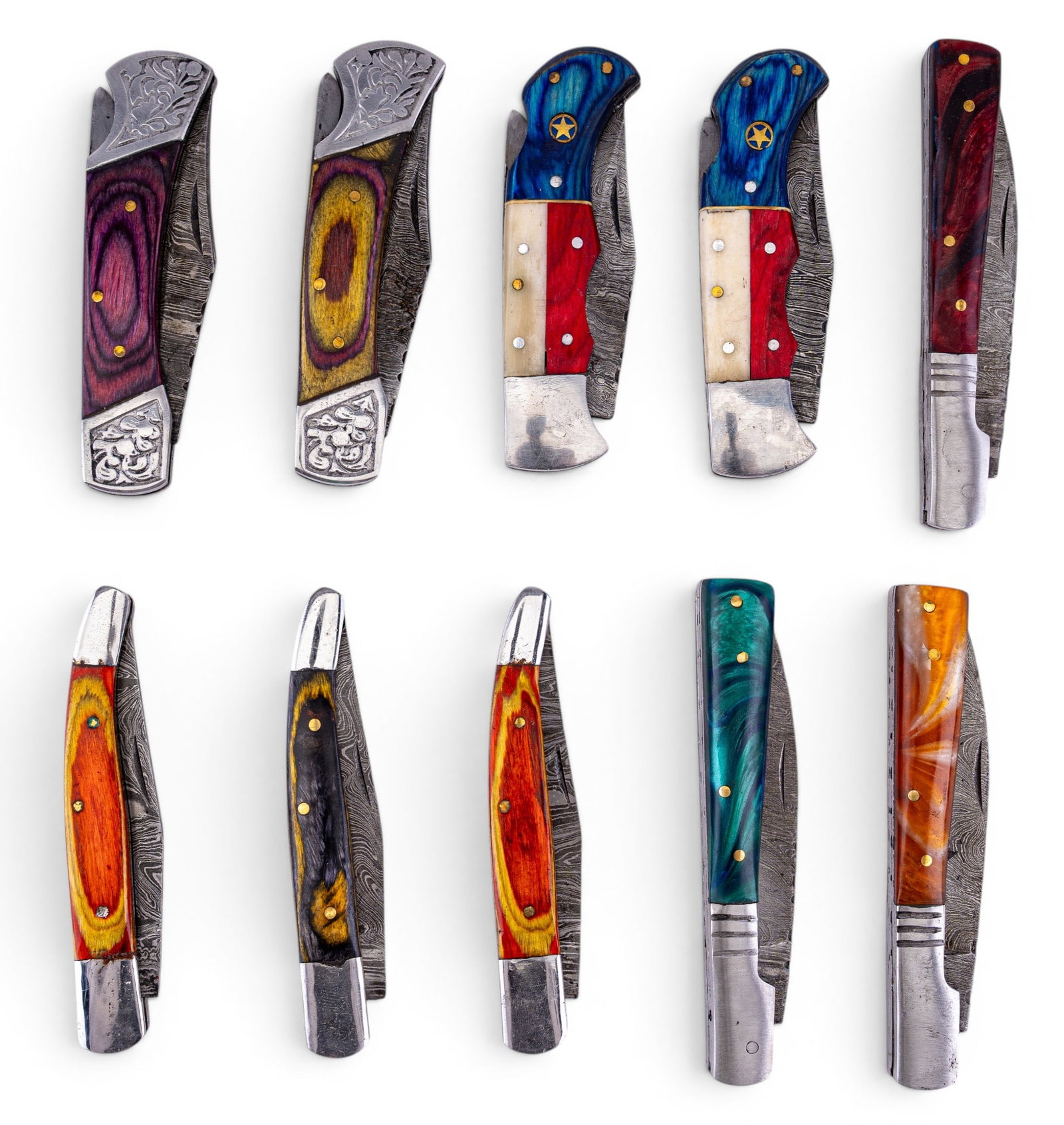 Artisan Damascus Steel Pocket Knives (10pc) (1 of 7)
