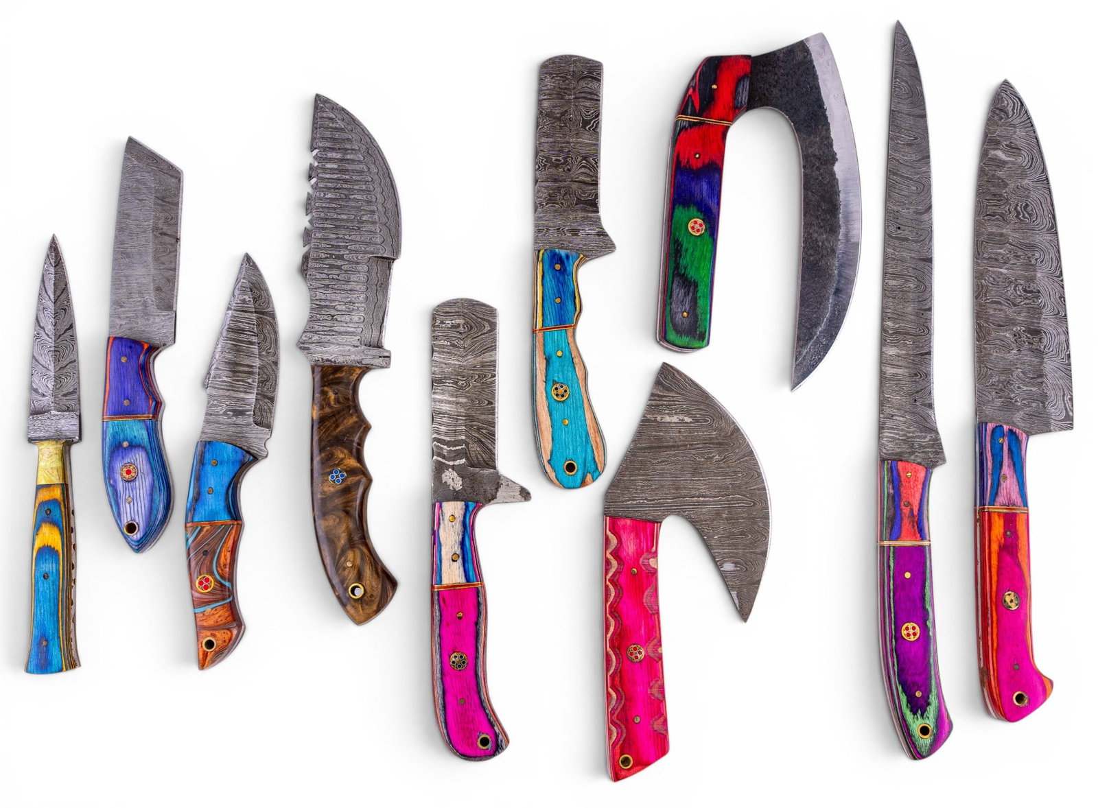 Handmade Damascus Steel Knives (10): Ten handmade Damascus steel knives in various forms with longest blade measuring approx. 8.5" long. All knives in very good condition, most knives come with dedicated sheaths.