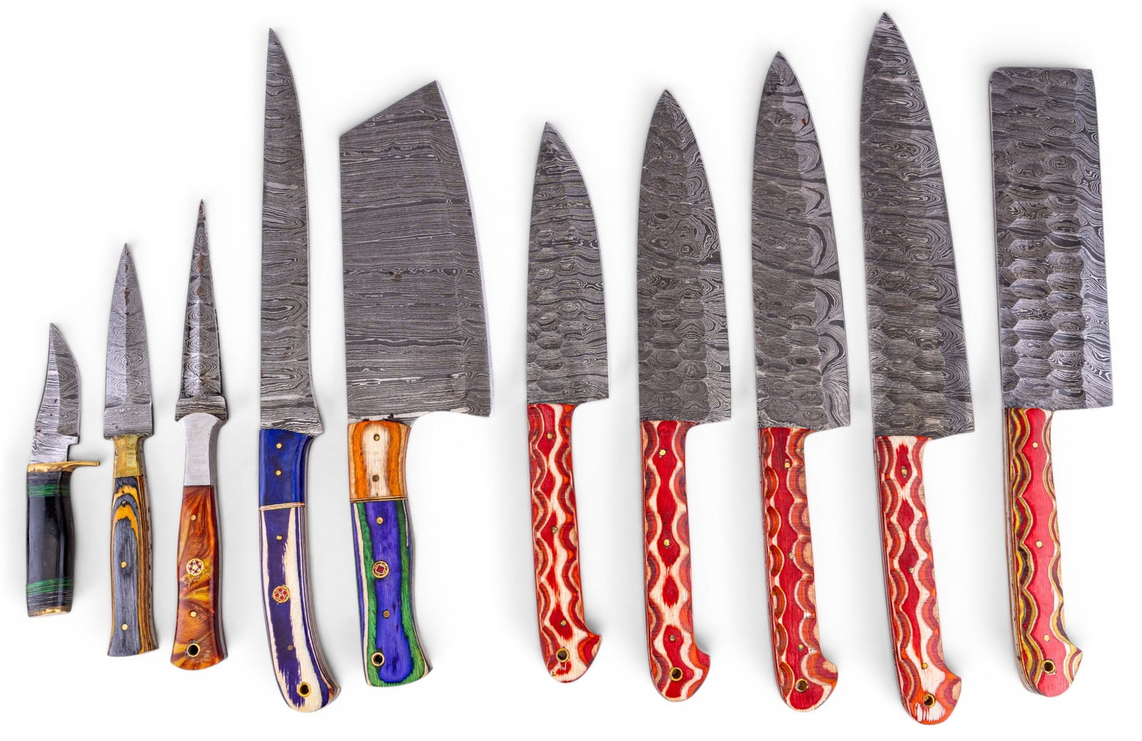 Damascus Steel Chef's + Hunting Knives (10): Seven Damascus steel chef's knives in various forms (butcher's, chef's, filet) along with three other knives. Longest measures approx. 8.5" blade. 5 knives have dedicated sheaths.