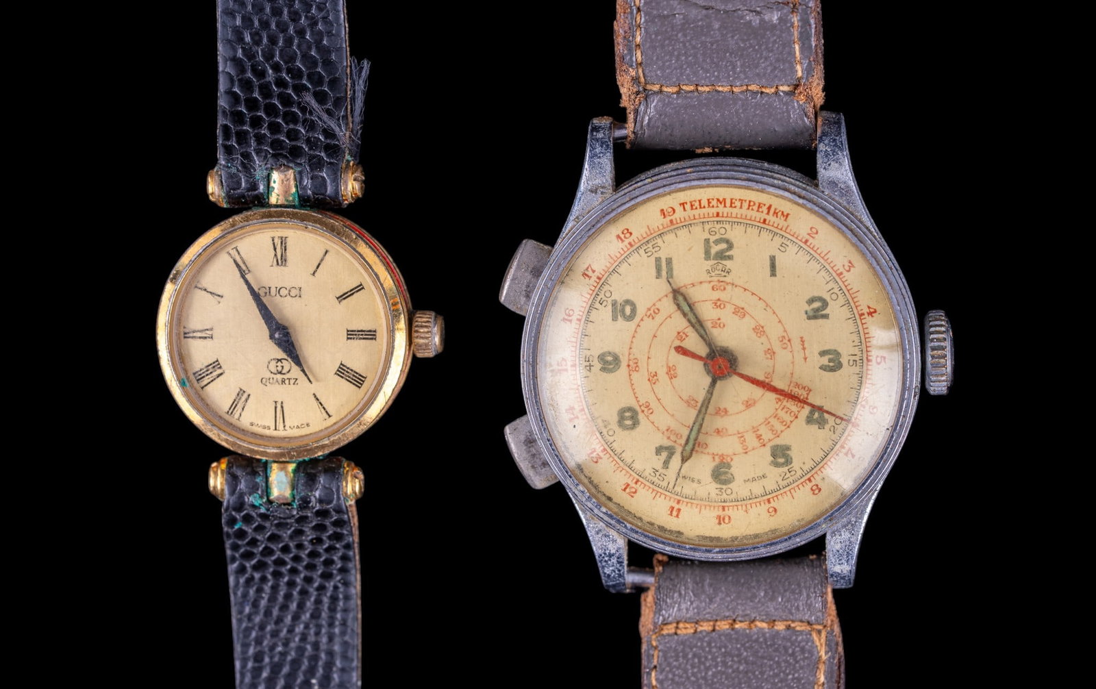 Early Telemeter and Gucci Wrist Watch: An early 20th C Telemeter chronograph wrist watch and a Gucci designer retail watch, both leather bands will require restoration. Untested.