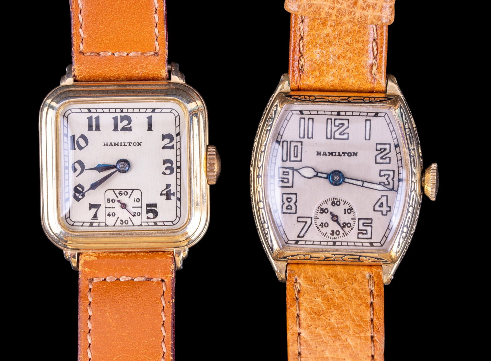 Hamilton 14K Gold Filled Wrist Watches: Two Hamilton wrist watches includin a 17 jewel movement #4222725 in a Wadsworth 14K GF case #0590384 and a 17 jewel movement #2237985 in a Fayhs 14K GF case #508405. Both include light brown leather