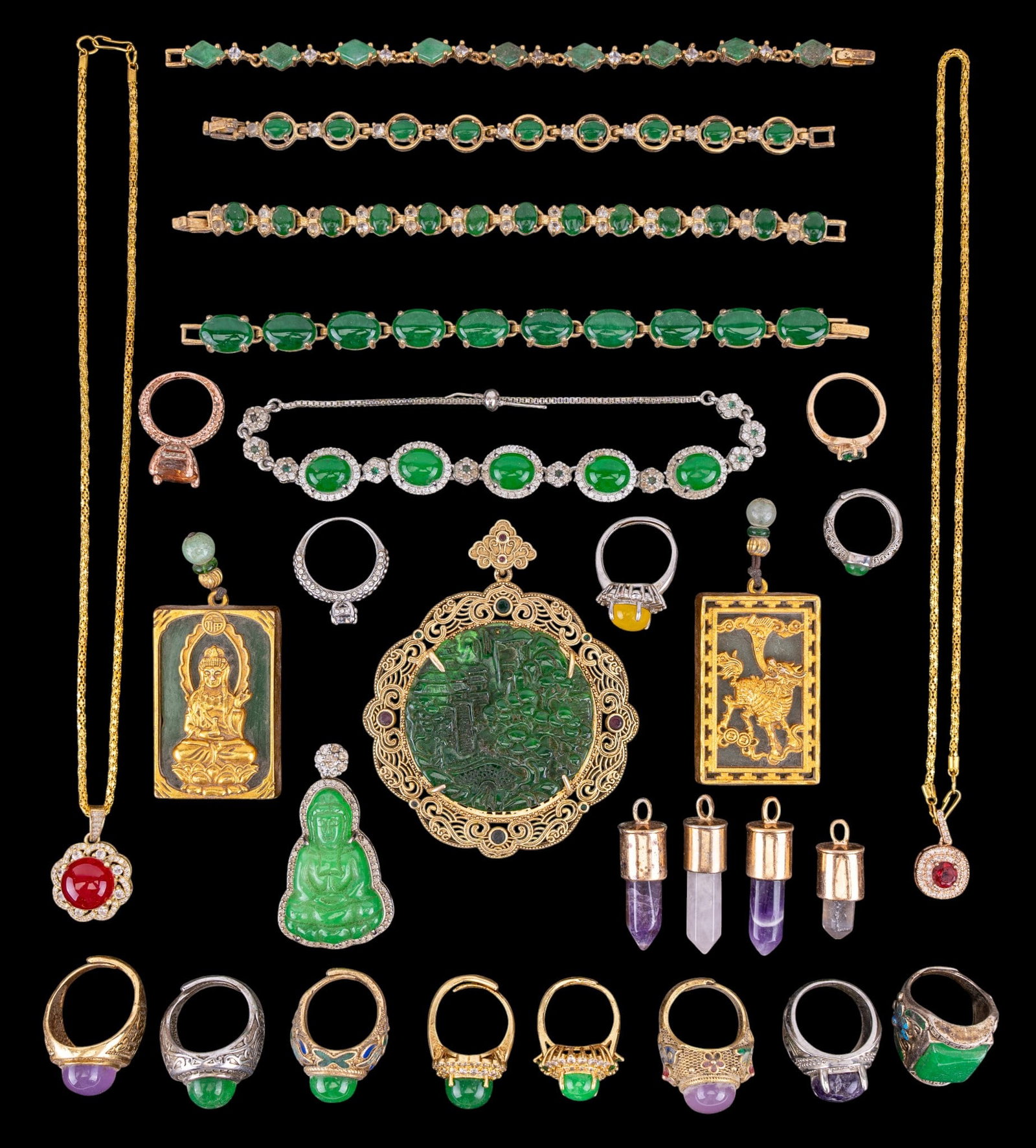 Chinese Hardstone Cabochon and Other Jewelry: A collection of Chinese jewelry including gold and silver tone pendants, bracelets, necklaces, and adjustable rings featuring facet cut rhinestones and multi colored hardstone panels and cabochons.