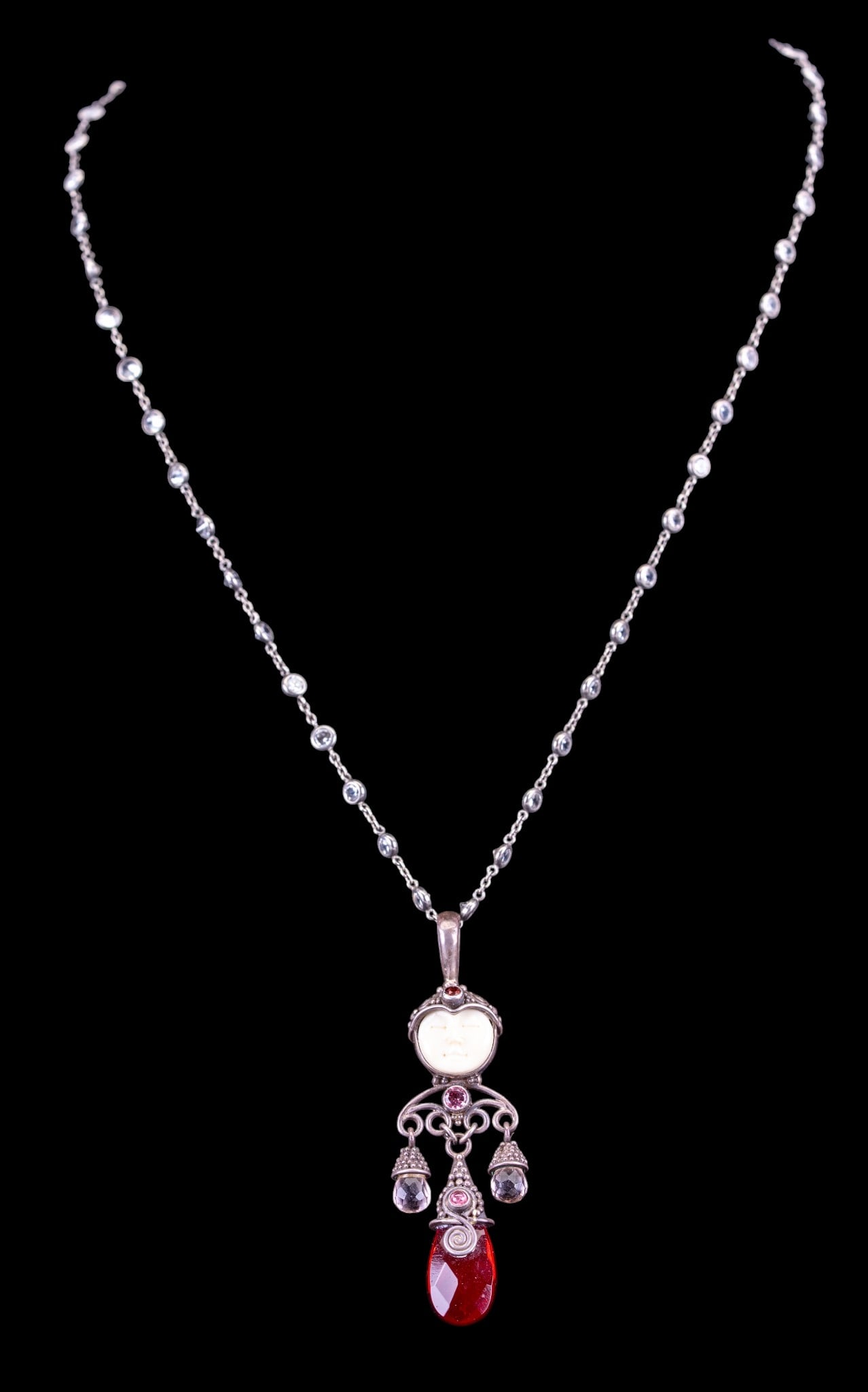 Whimsical Sajen Sterling Necklace: Sterling Silver vintage Sajen necklace with gemstone dangles