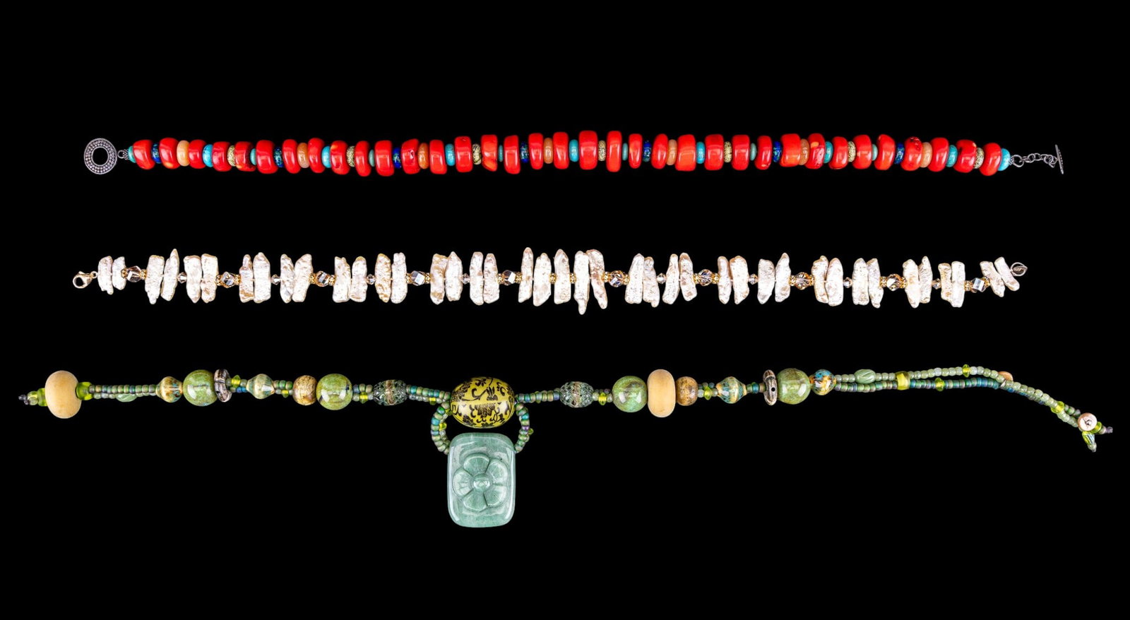 Jade, Pearl, and Coral Necklaces: Artisan beaded necklace with jade pendant, coral, lapis, turquoise bead necklace with silver closure, and a pearl and crystal necklace also with sterling silver clasp.