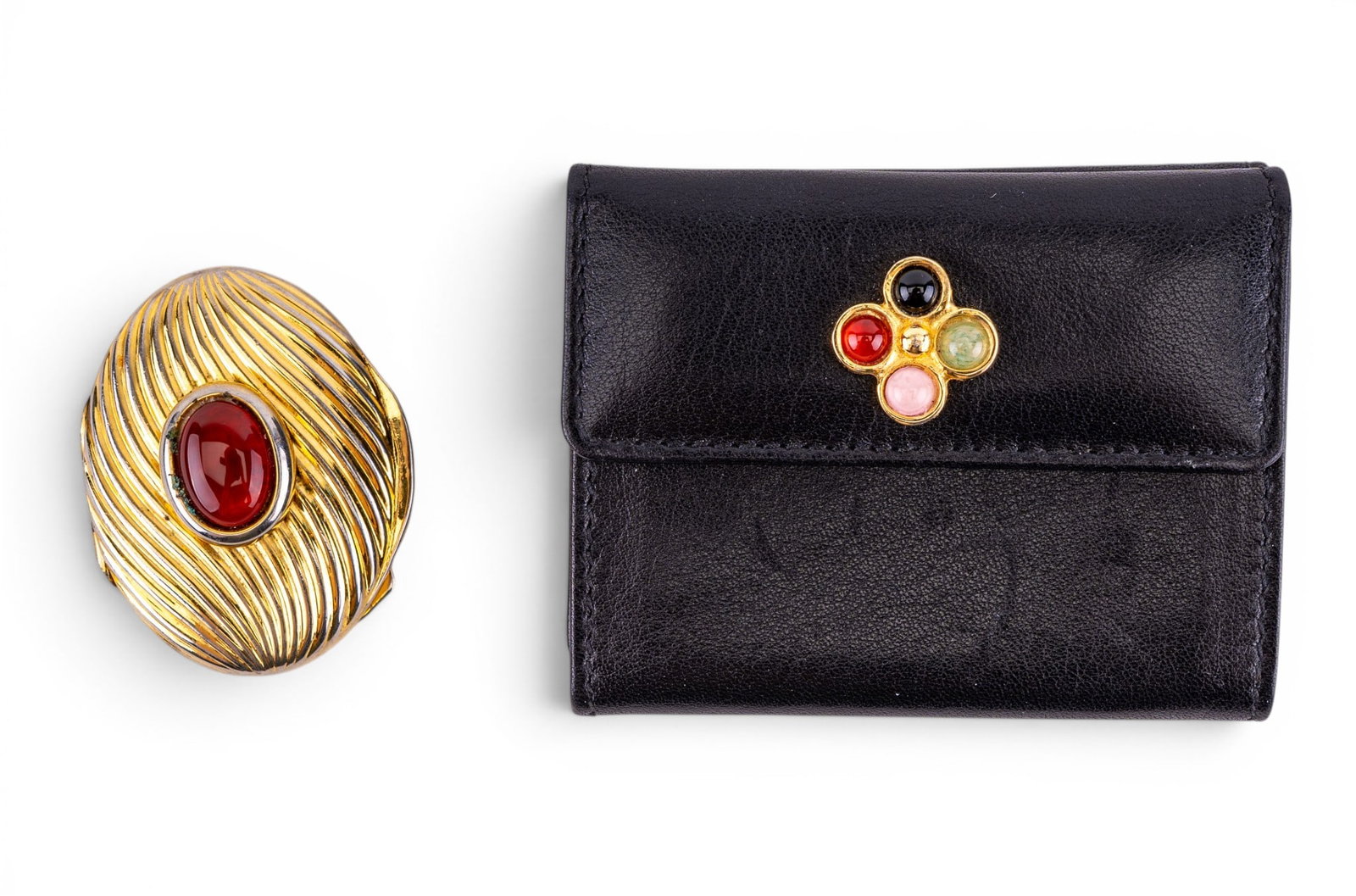 Vintage Judith Leiber: Judith Leiber black kidskin wallet with "gem" detail and a Leiber gold-tone miniature box.