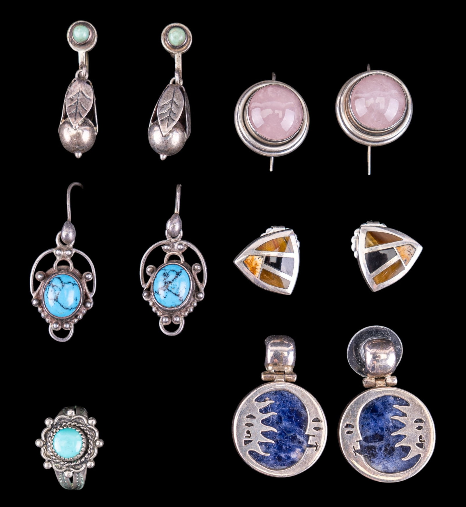 Southwest Sterling and Stone Jewelry: A collection of Southwest style sterling silver and natural stone jewelry including a pair of rose quartz cabochon dangle earrings, green turquoise and figural fruit screwback earrings, a pair of soda