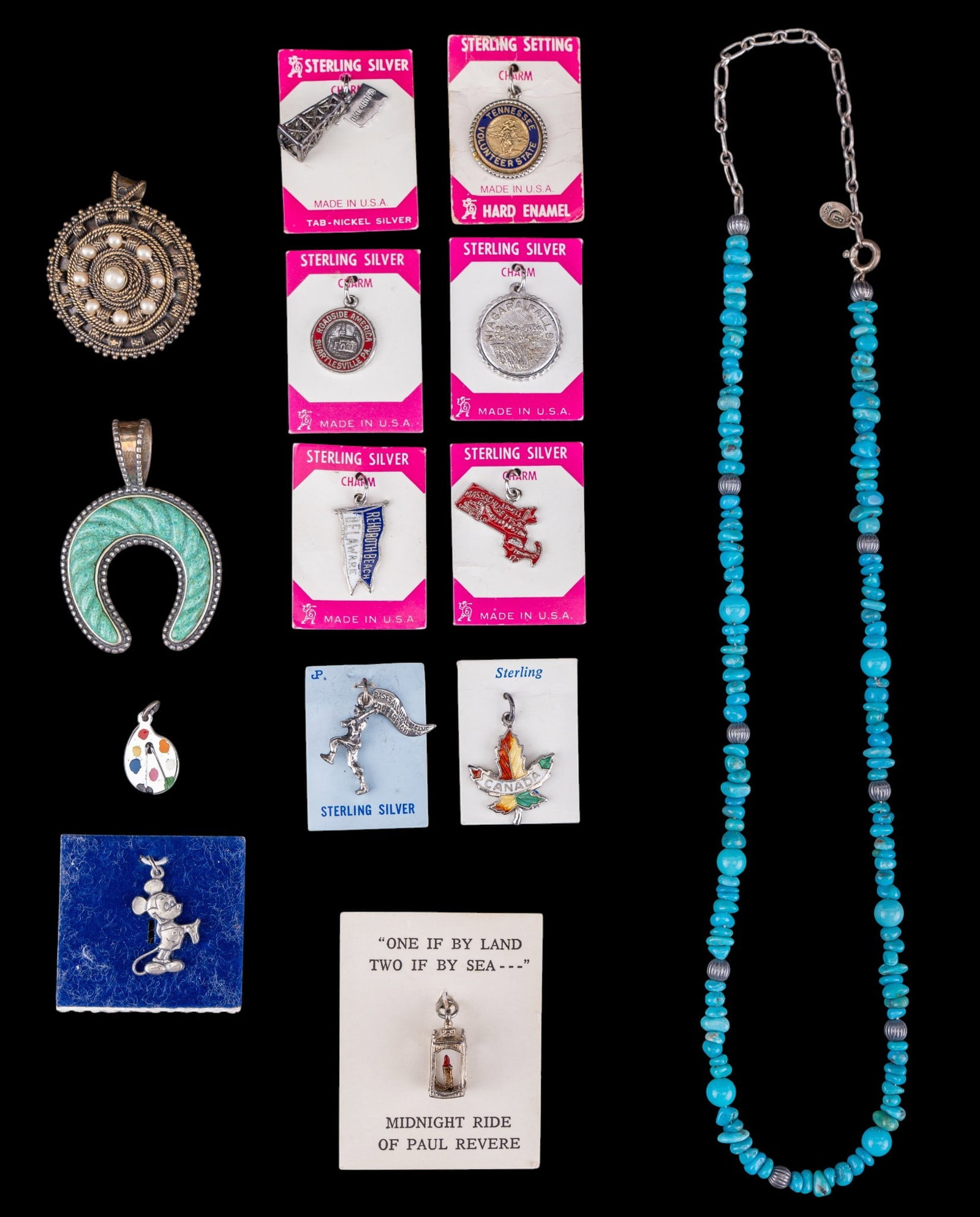 Turquoise and Sterling Necklaces, Sterling Charms: A collection of sterling silver charms including Mickey Mouse, a silver brooch/pendant marked 'Made in Israel', and a turquoise bead necklace featuring a horseshoe shaped turquoise chip and sterling p