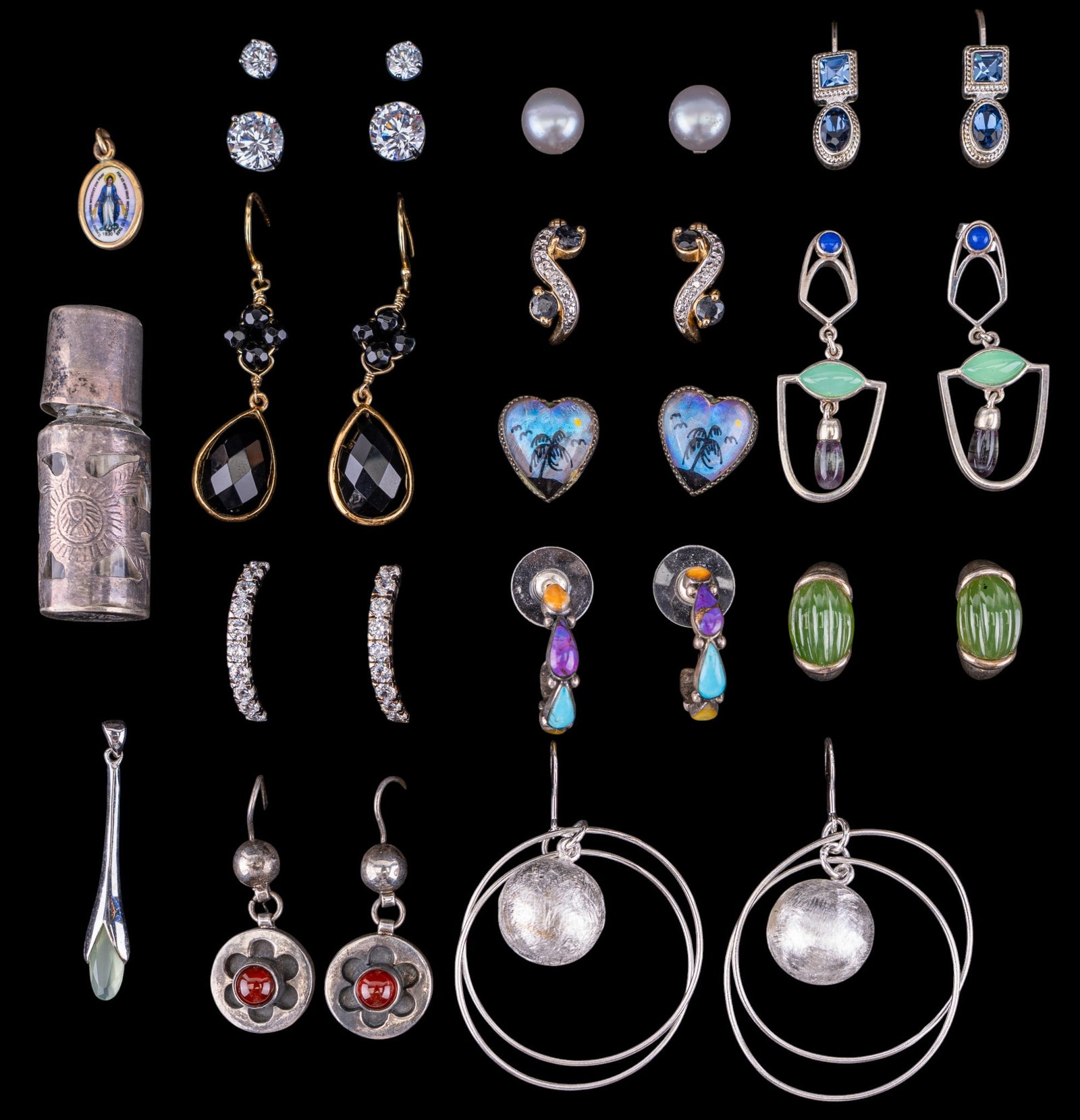 Sterling Silver Earring Group and More: A collection of 13 pairs of sterling silver earrings featuring freshwater pearls, facet cut stones, cabochons, a Mexican sterling overlay perfume bottle, and a modern drop pendant with cloudy green cu