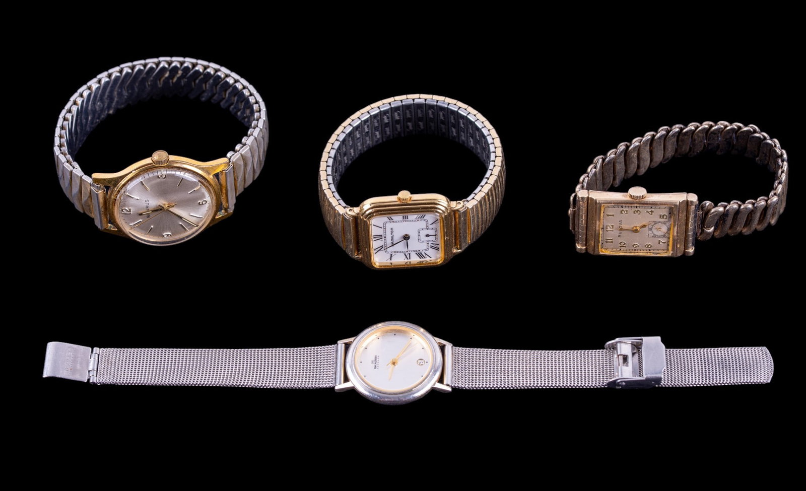 Bulova, Hamilton, Benrus, Skagen Wrist Watches: Bulova 21 jewel movement in a 10K GF bezel and stretch band with 10K GF tops #3627211Benrus open thru crystal with 14K GE bezel, a personalized Hamilton wrist watch with stainless steel back #6188,