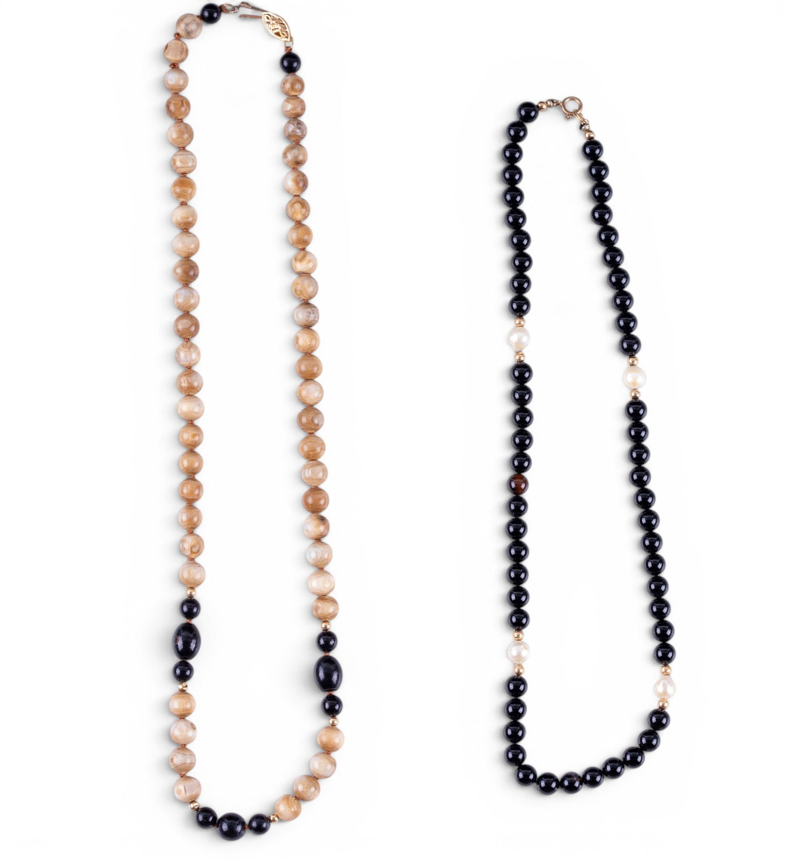 Maple Wood and Onyx Bead Necklaces, 14K Clasps: A polished maple wood bead necklace with 14K gold fish hook clasp, and an onyx bead and pearl necklace with 14K gold spring clasp. Longest measures approx. 9" on the drop. Note some loss to wood beads