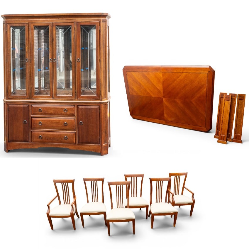 Thomasville American Expression Dining Room Set: A Thomasville dining room set in the American Expressions style line including four dining chairs, approx. 24" W x 21" D x 41.5" H, two captain's chairs, approx. 23.25" W 20" D x 41.5" H, a China hutc