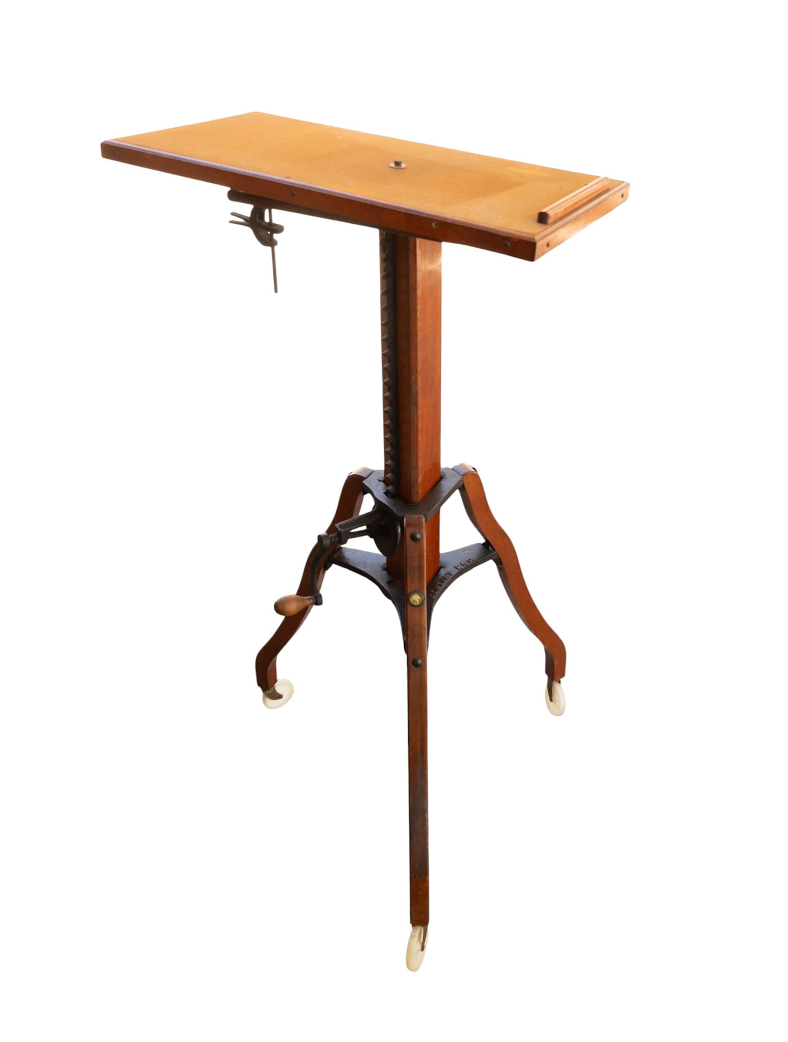 Eastman Kodak Century No. 3 View Camera Stand: An early 20th C Eastman Kodak Century No. 3 view camera stand with wood body and legs and featuring a cast iron height adjusting crank system. Measures approx. 49" H x 29" W x 28" D.