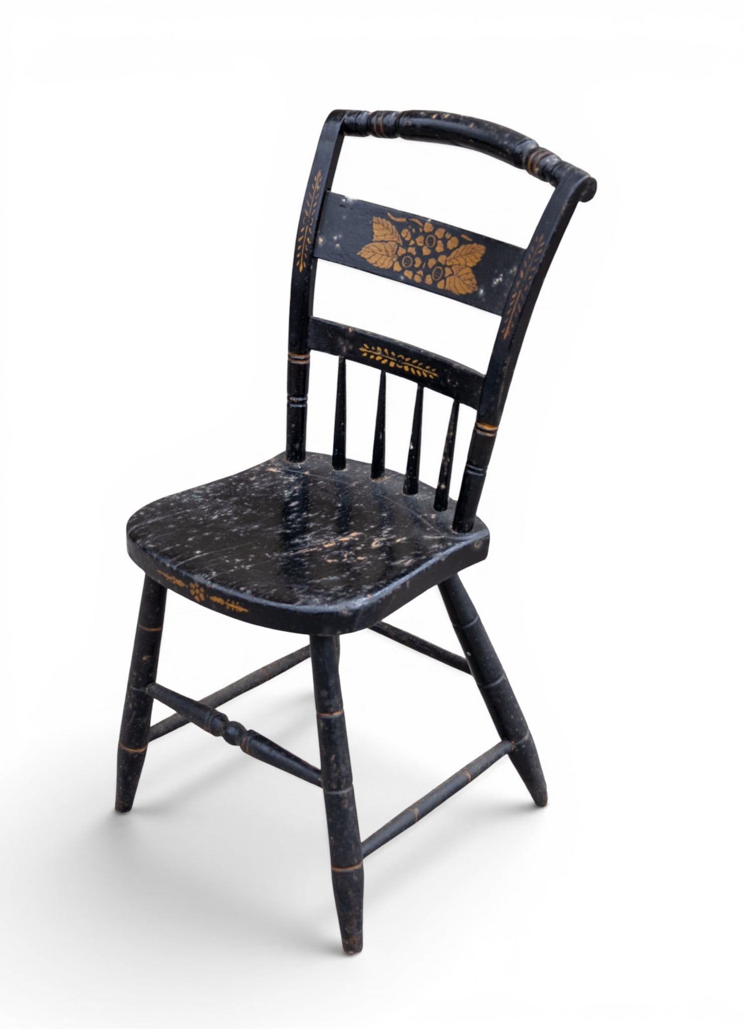 Antique Stenciled Side Chair: Stenciled wooden side chair with floral motif leaves and nuts in gold tone paint over black paint. Measures approx. 35" H x 17" SH x 15" W x 15" D. American, Farmhouse, Traditional.