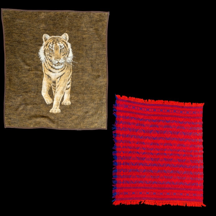 Vintage Biederlack Tiger & Welsh Wool Blanket: The Wool Blankey measuring approx 66 x 70 inches, with minor to no loss. The Biederlack Tiger banket, the tag has been removed.
