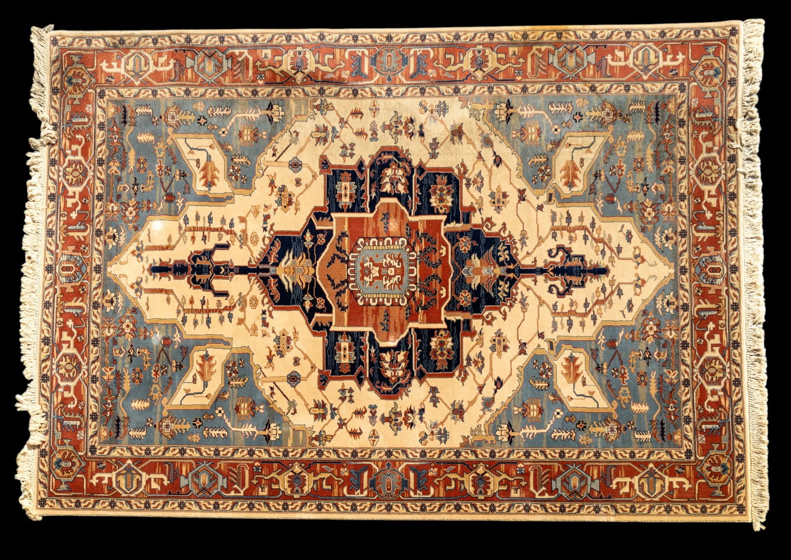 Machine Made Oriental Style Rug ~ 11? x 8?: Machine made oriental design rug with intricate geometric patterns and a central medallion design. Features a color palette of cream, red, blue, and gold tones. Measures approximately 11' 2" x 8' 3". 