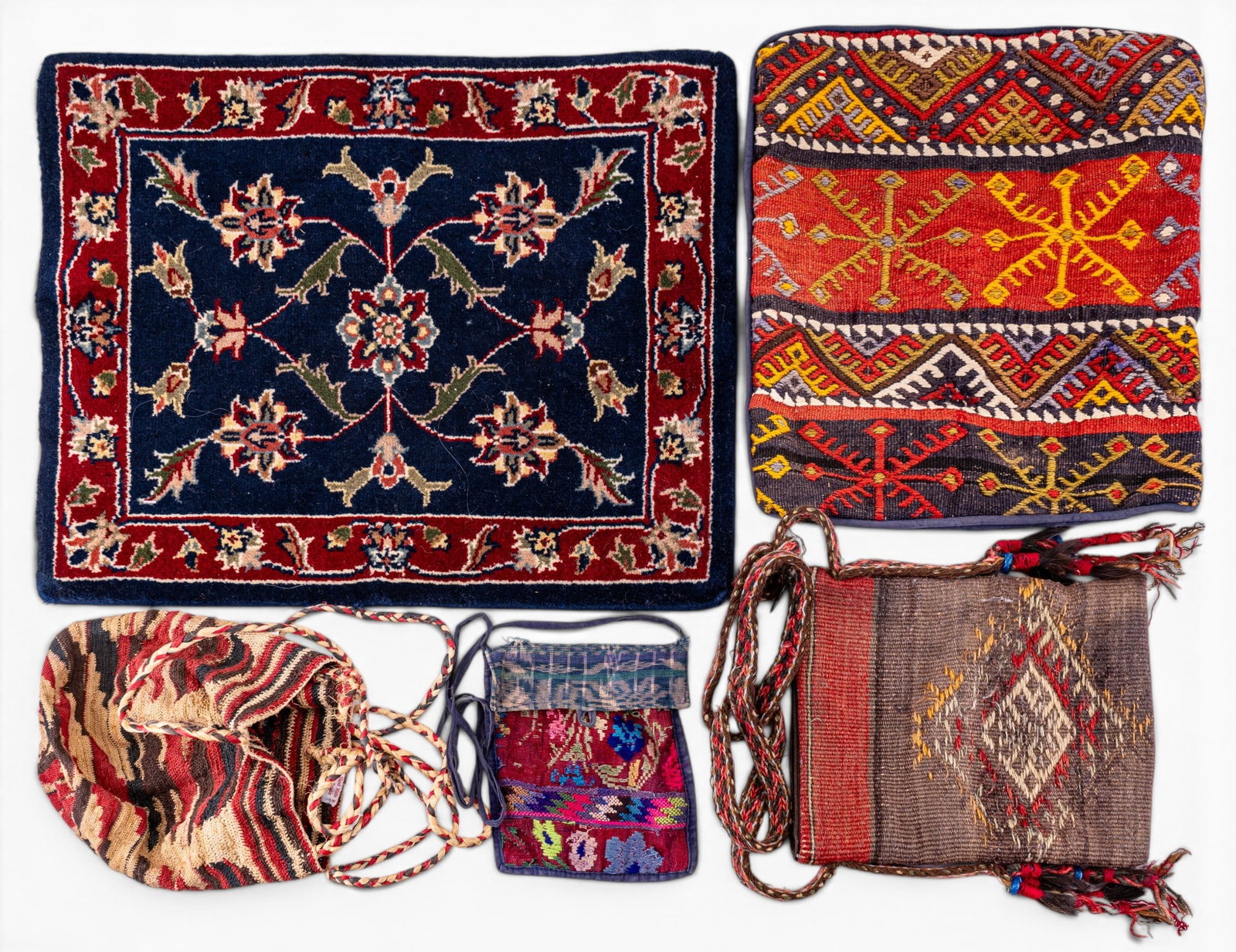 Hand Knotted Persian Mat & Vintage Covers & Purse: Hand Knotted Persian Mat, Vintage Covers & Purse, Mat measuring approx 20.5 x 16 inches