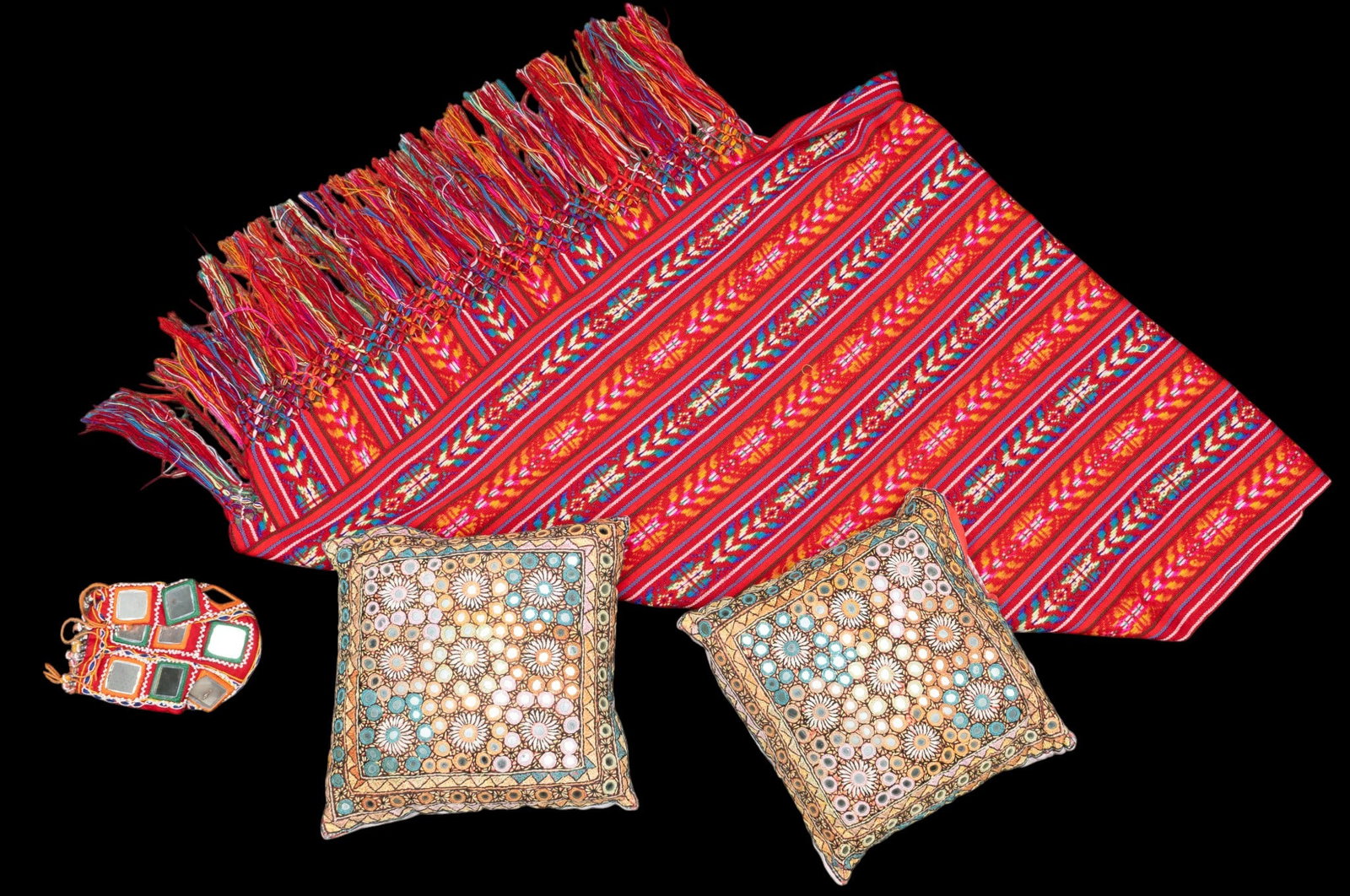 Indian Shisha Embroidered Mirror Pillows w/ Bag: Set of two intricate, beautifully embroidered pillows with a silk-like backing material. The colorful Indian (country) shisha mirror embroidery on one side can be used as accent furniture piece. Stitc