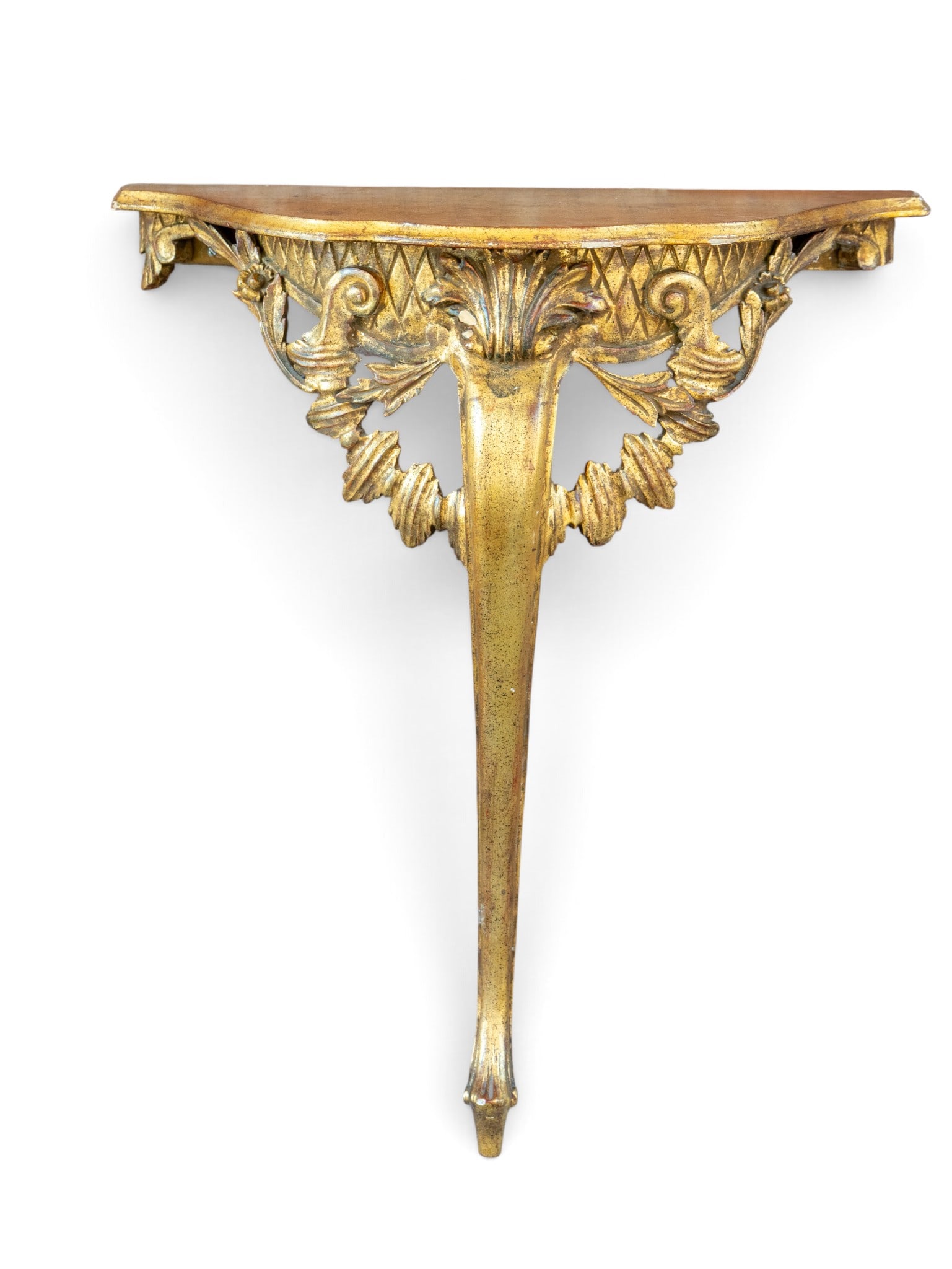 French Giltwood Hall Table: French carved giltwood one-footed hall table. Measures approx. 31.25" H x 26.25" W x 11" D.