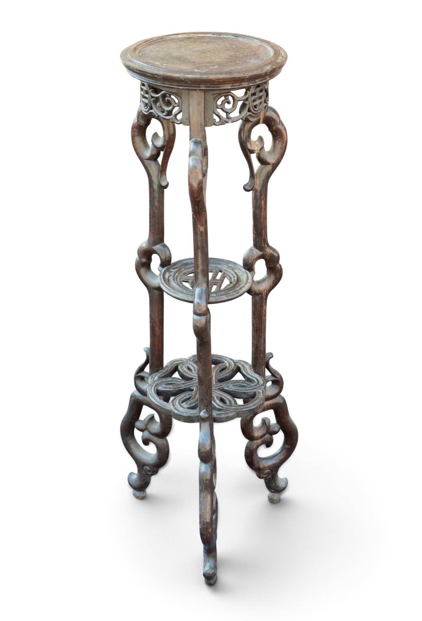 Chinese Hardwood Pedestal Table/Fern Stand: Chinese hardwood pedestal table/fern stand. Some loss to apron as seen in photography. Some loss to top shelf. Measures approx. 39.75" H x 15" Diameter x 11.25" D.