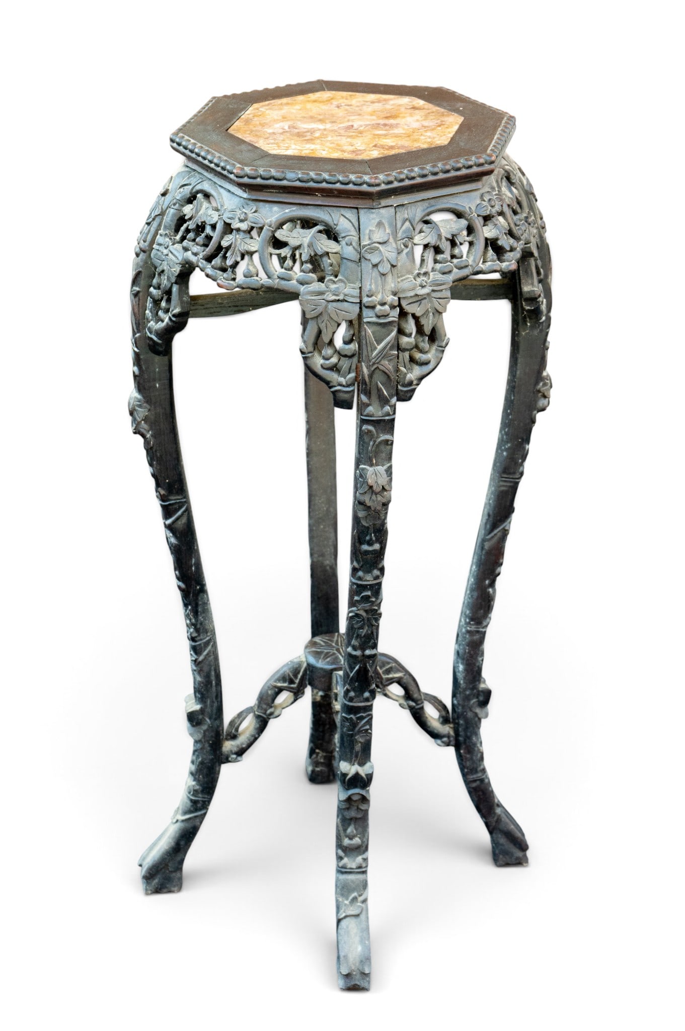 Chinese Hardwood Octagonal Pedestal Table: Chinese hardwood octagonal pedestal table/fern stand with marble insert. Heavily carved to body. Measures approx. 35.75" H x 16" Diameter. Minimal to no loss.