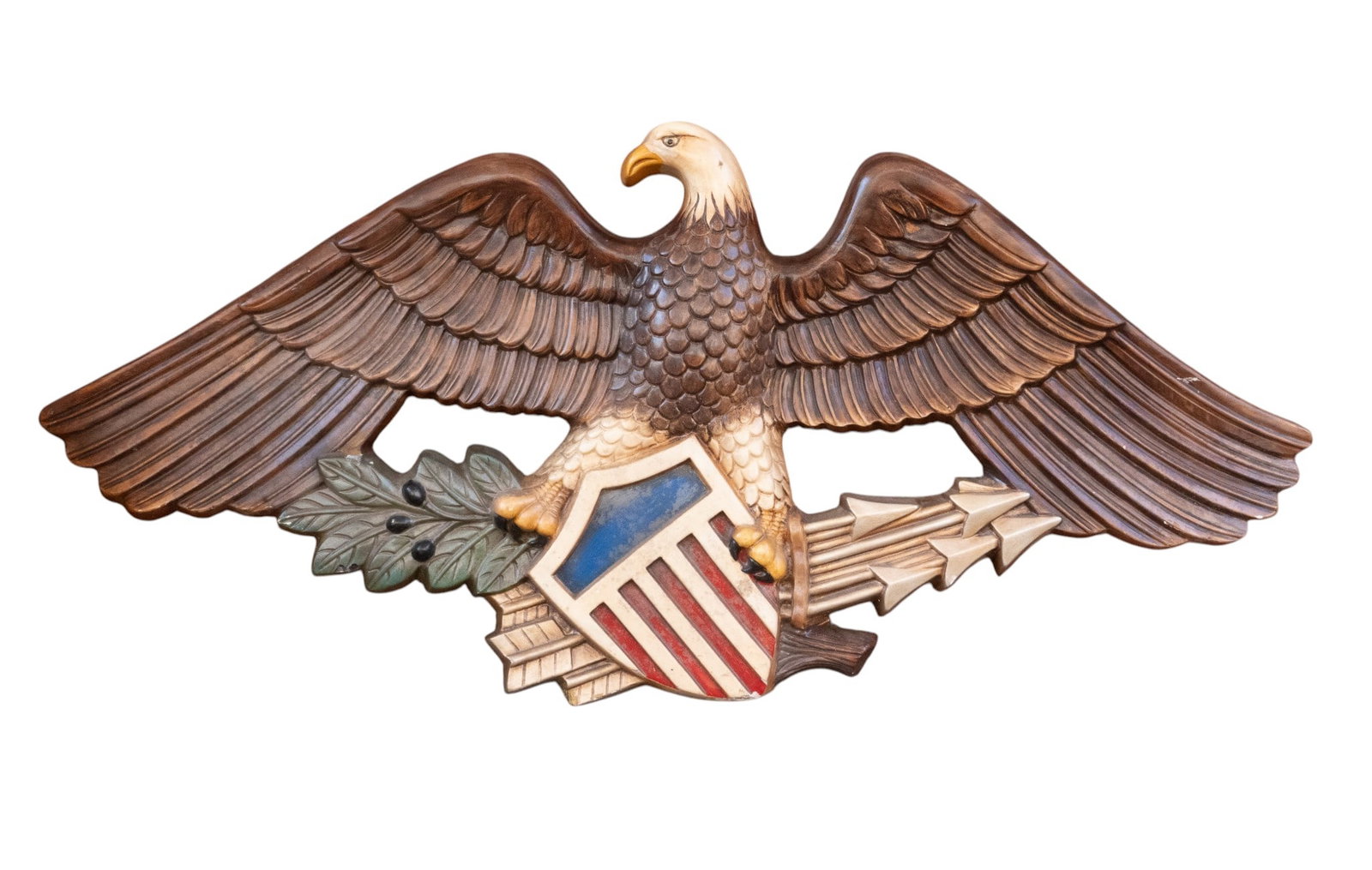 Large Fiberglass American Eagle Plaque: Large scale fiberglass American Eagle wall plaque with shield crest. Measures approx. 54" W x 25.5" H x 3" D.