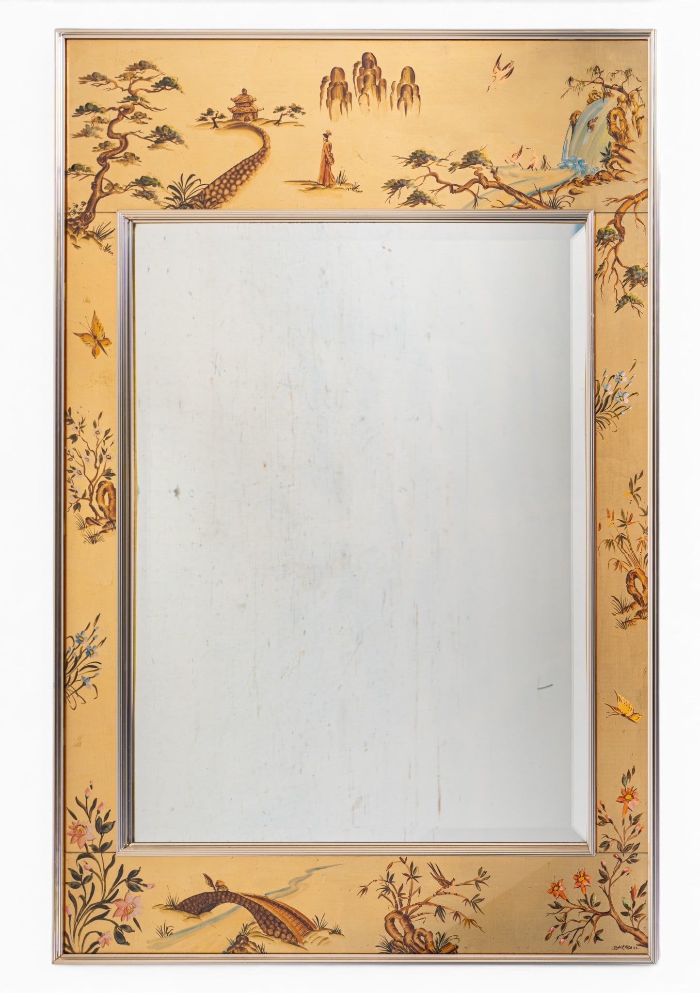 Vintage LaBarge Asian Decorated Mirror: A vintage LaBarge wall mirror featuring a gold leaf and hand painted pictorial border featuring floral and garden scenes, people, birds, and butterflies. Signed and dated in the lower right corner 'Bo
