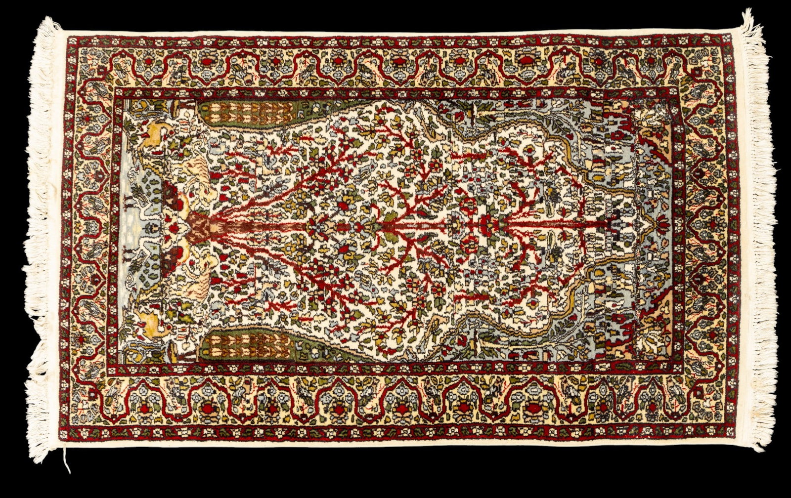 Persian Wool Area Rug: Persian wool area rug with light cream center ground depicting a tree surrounded by animals at base. Measures approx. 3'1" x 5'1".