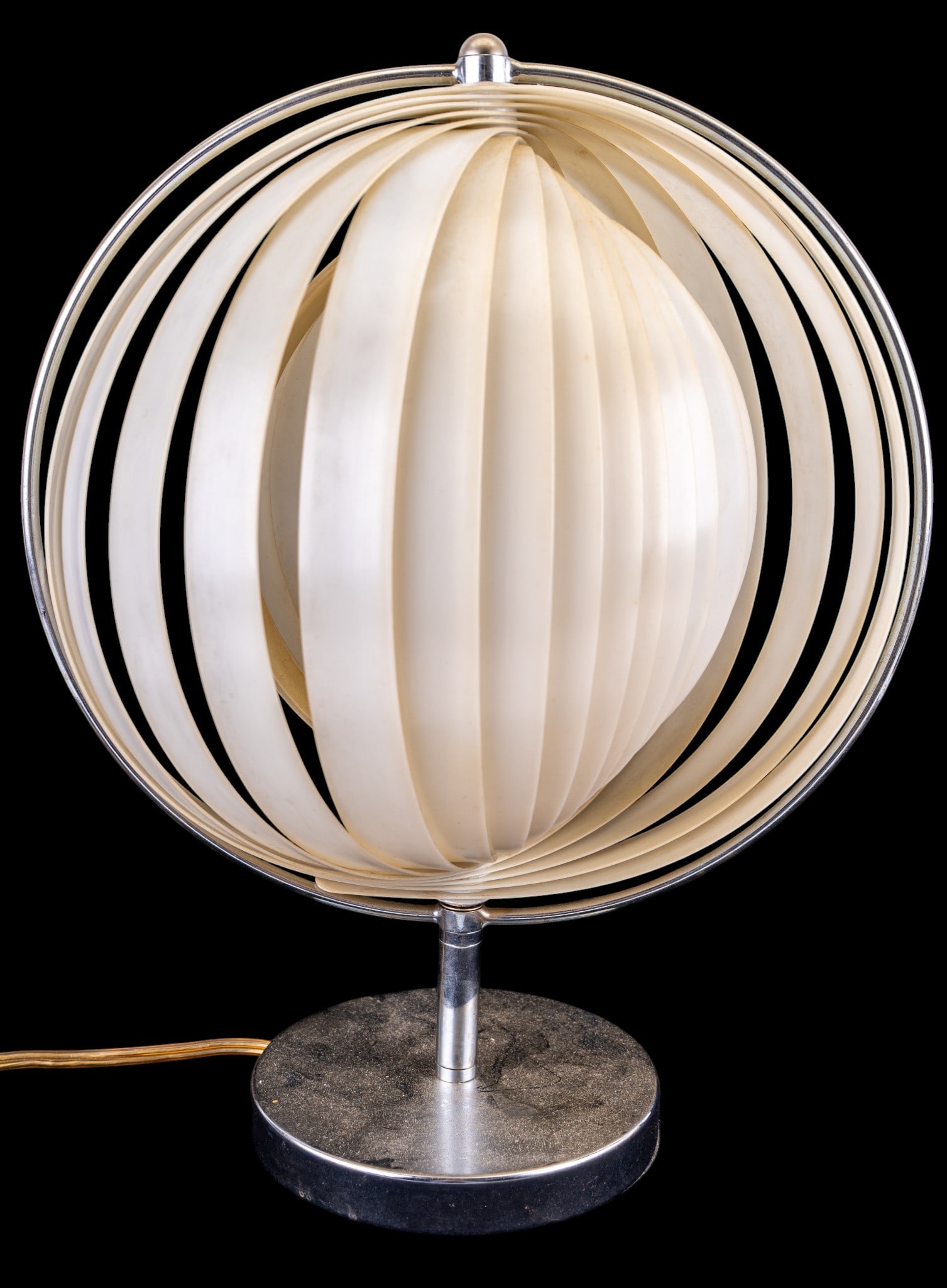 Kare Spain Style Moon Lamp: A Kare Spain Style Moon design table lamp featuring a space age motif with chrome base and concentric acrylic slats. Original is c. 1980s but this may be later in the style of based on the label in th
