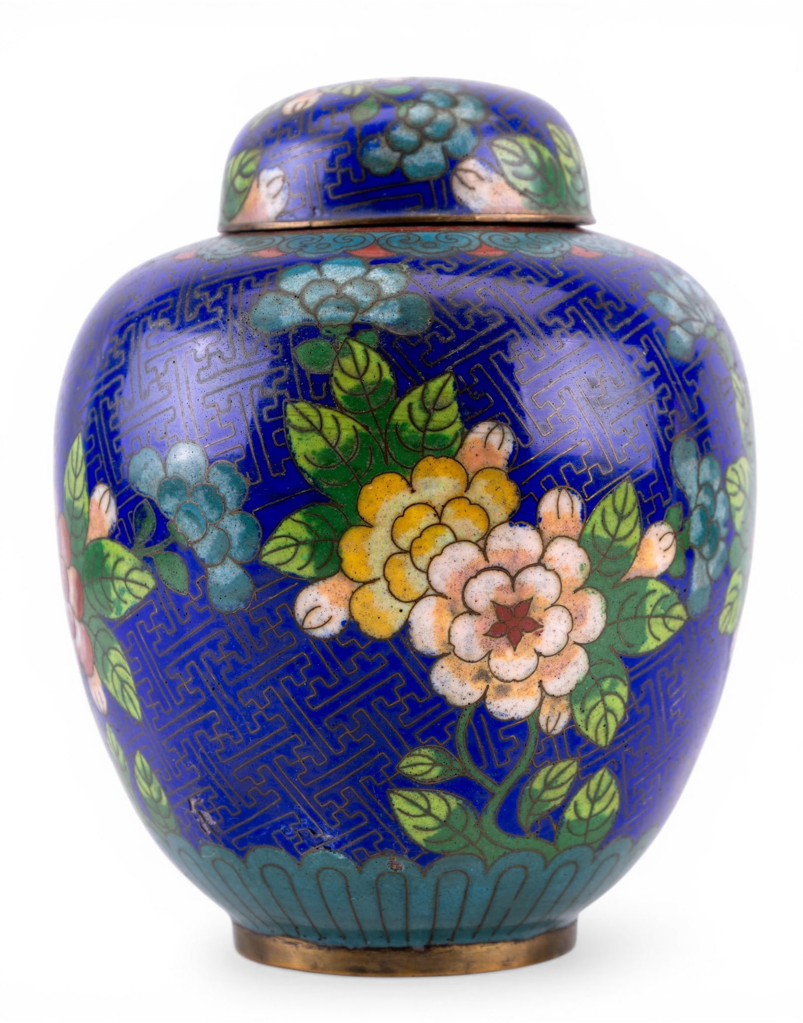 Chinese Cloisonne Ginger Jar w/ Lid: A cobalt blue Chinese cloisonne lidded ginger featuring a peony motif, measures approx. 7.5" H.