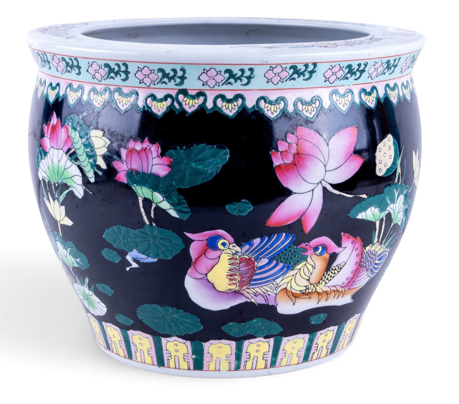 Chinese Famille Noire Jardiniere: Chinese porcelain jardiniere decorated in the famille noire palette with lotus blossoms, lily pads, koi fish, and aquatic motifs. Bears seal mark to underside. Measures approx. 10" H x 12" Diameter.