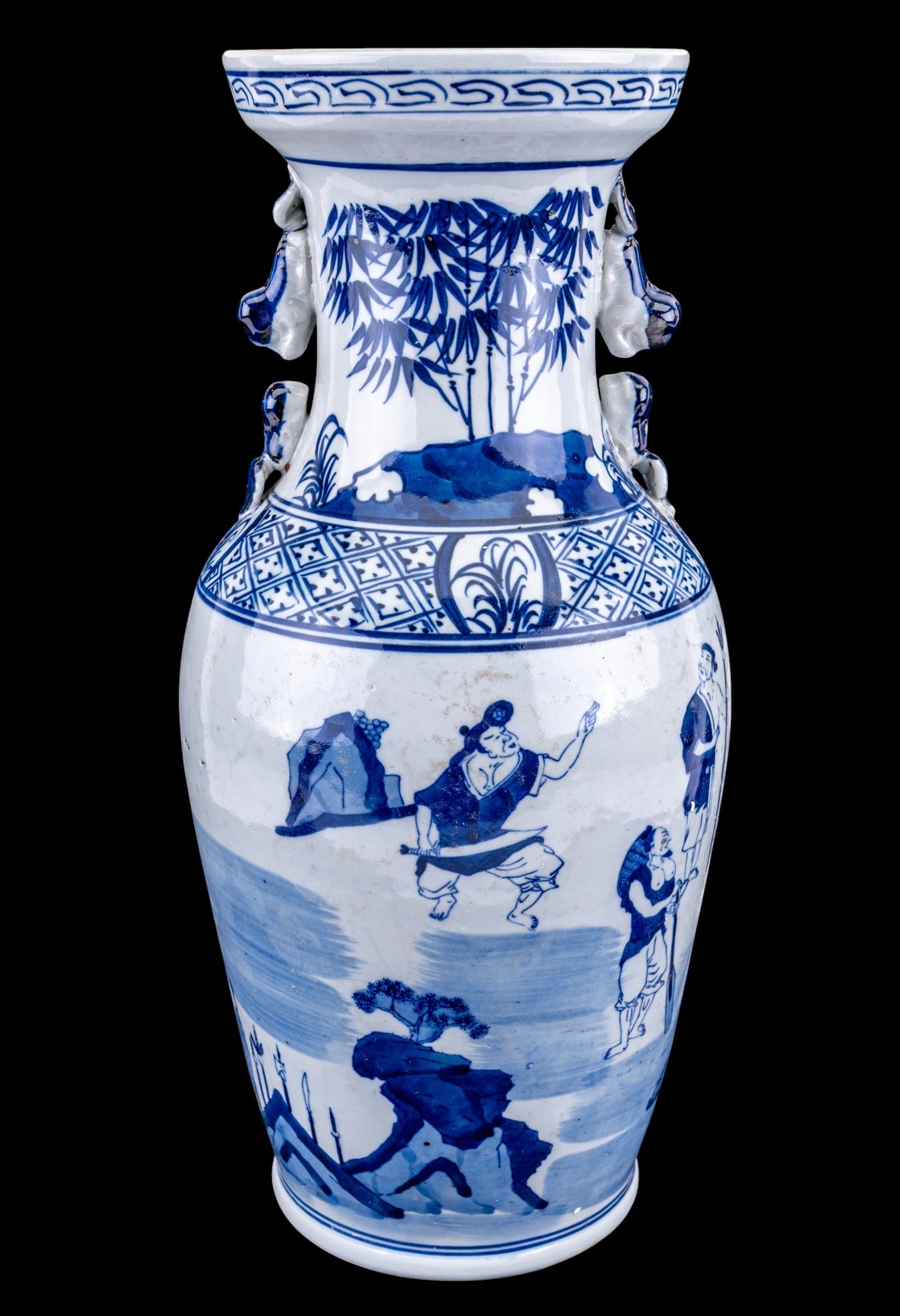 Chinese Blue and White Porcelain Figural Vase: Chinese 20th century blue and white porcelain baluster-form vase with molded figural handles at the neck. Decorated in underglaze blue with figural scenes depicting scholars, officials, and attendants