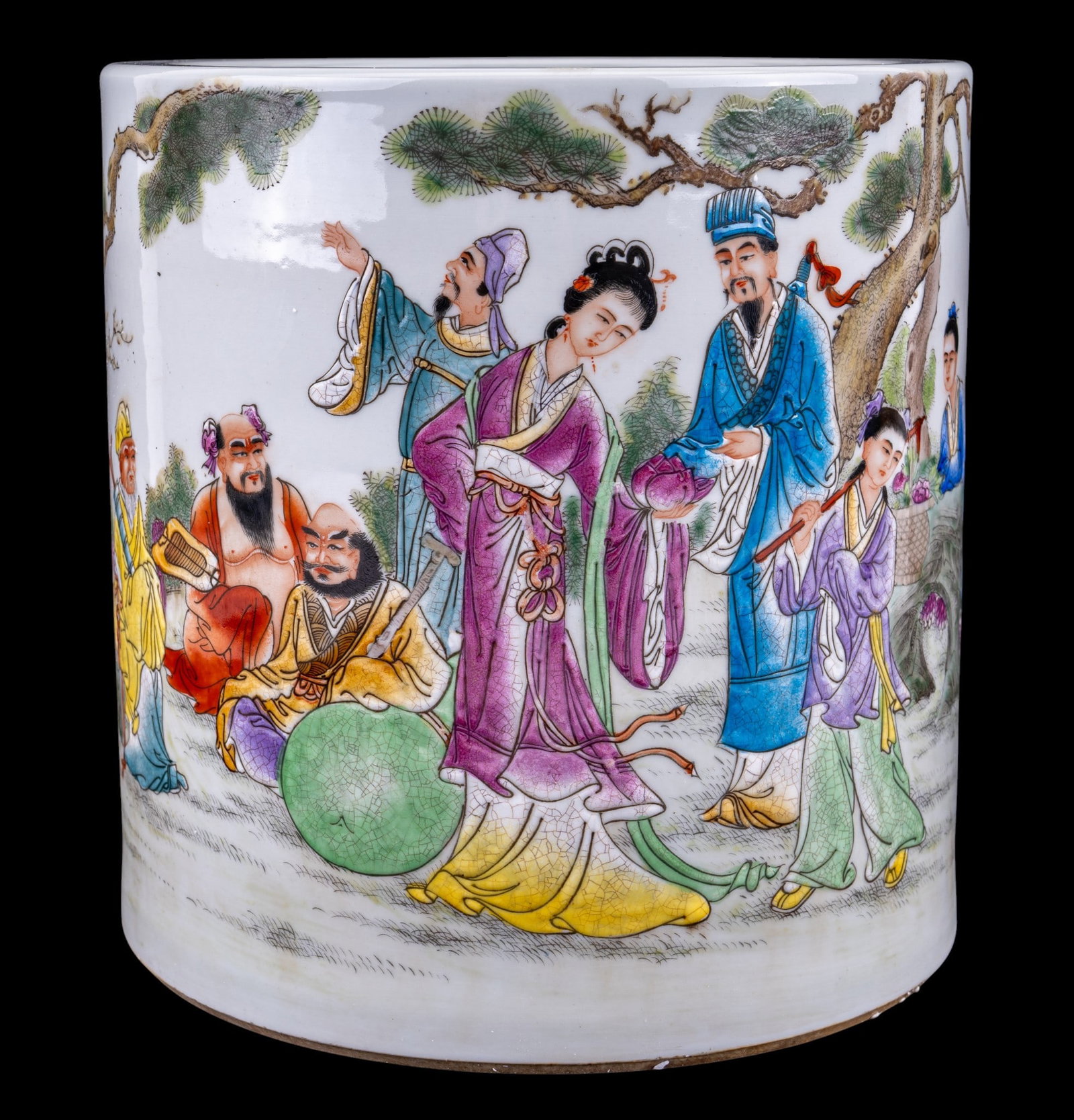 Chinese Famille Rose Porcelain Brush Pot: Chinese 20th century famille rose porcelain brush pot of cylindrical form, decorated with a scene of scholars, immortals, and attendants gathered under pine trees. Bears an iron-red seal mark to under