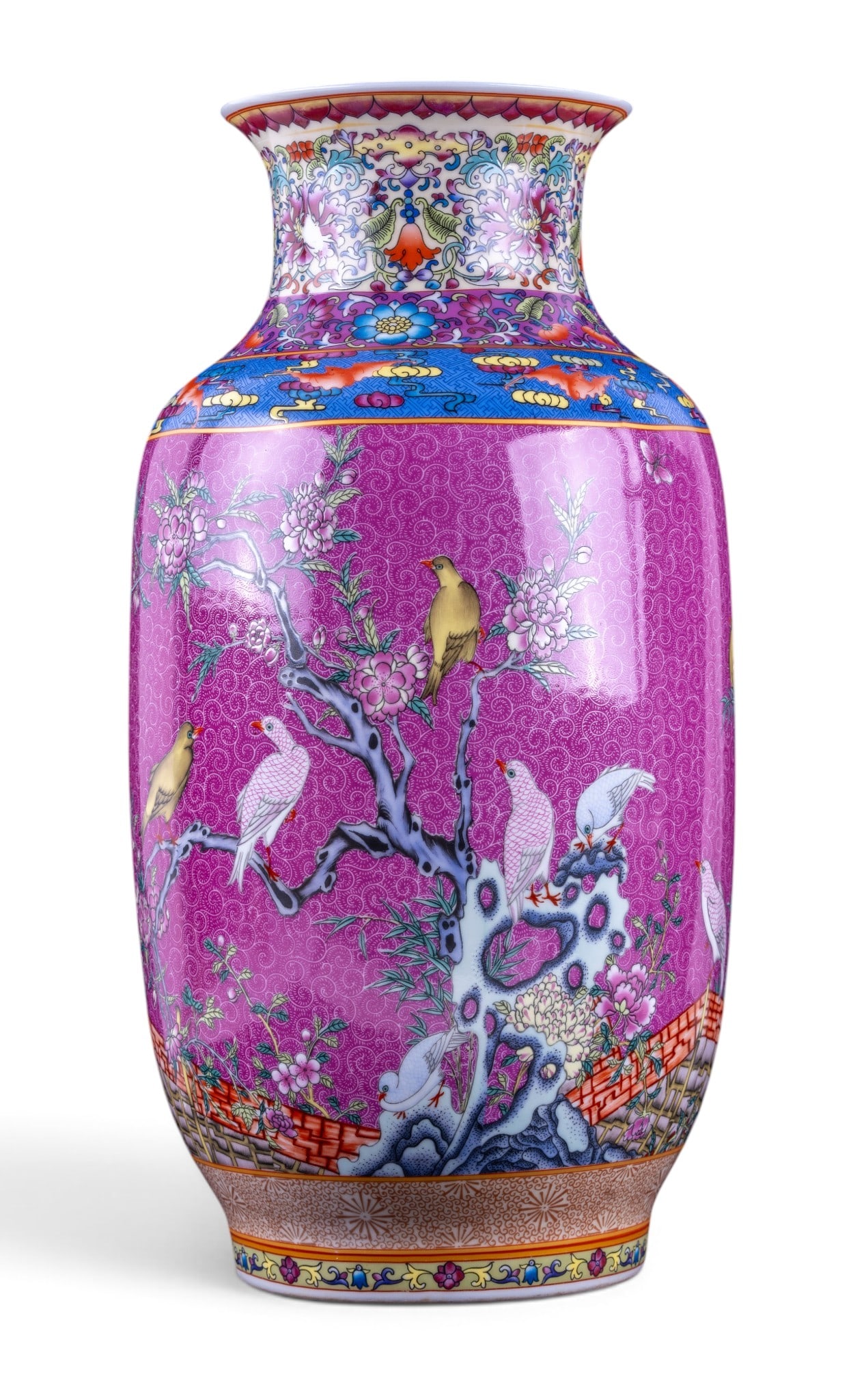 Chinese Famille Rose Porcelain Vase: Chinese 20th century famille rose porcelain baluster vase featuring a magenta ground decorated with flowering branches, birds, and butterflies. Underside bears a 6-character mark. Measures approx. 16.