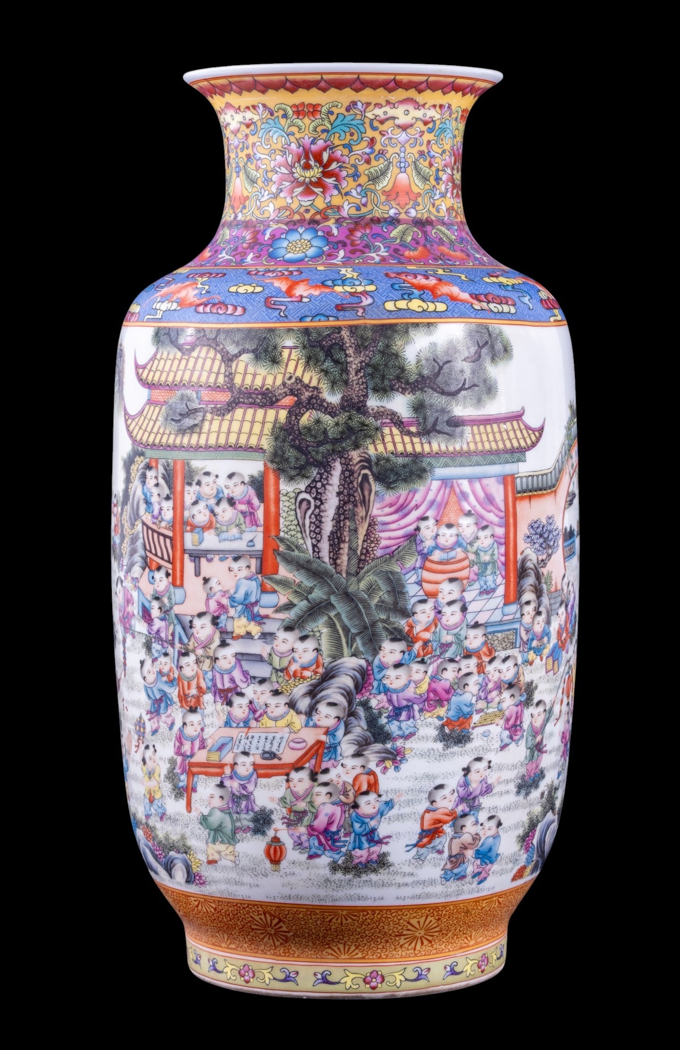 Chinese Famille Rose 100 Children Vase: Large Chinese porcelain vase in famille rose enamels decorated with One Hundred Children scene. Turquoise glazed interior. Underside bears a cobalt blue square seal mark. Measures approx. 16.5" H.