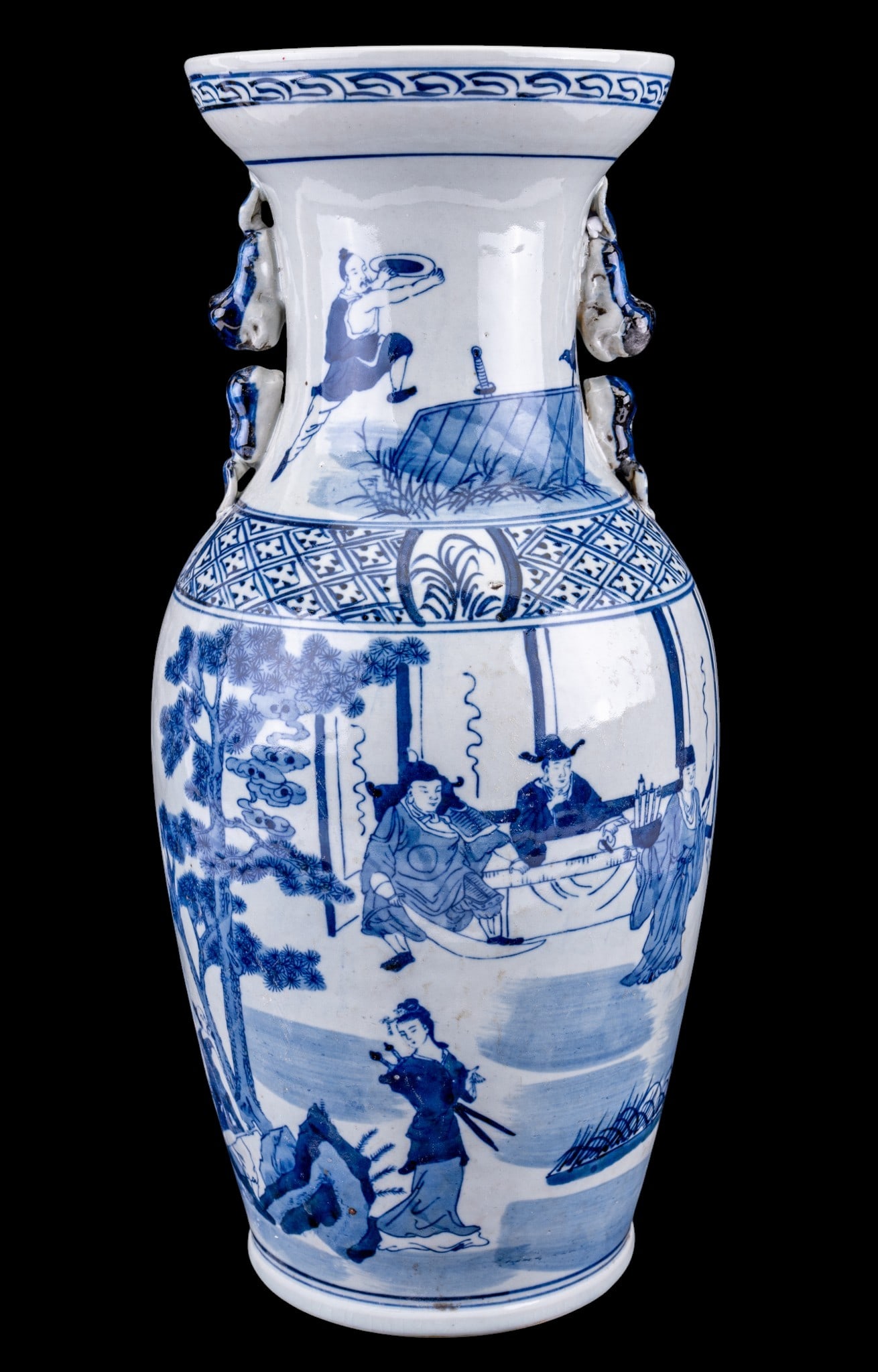 Chinese Blue and White Figural Vase: Chinese 20th century blue and white porcelain baluster vase with flared trumpet neck and molded figural handles. Bears a cobalt blue six-character mark to underside. Measures approx. 16.75" H.