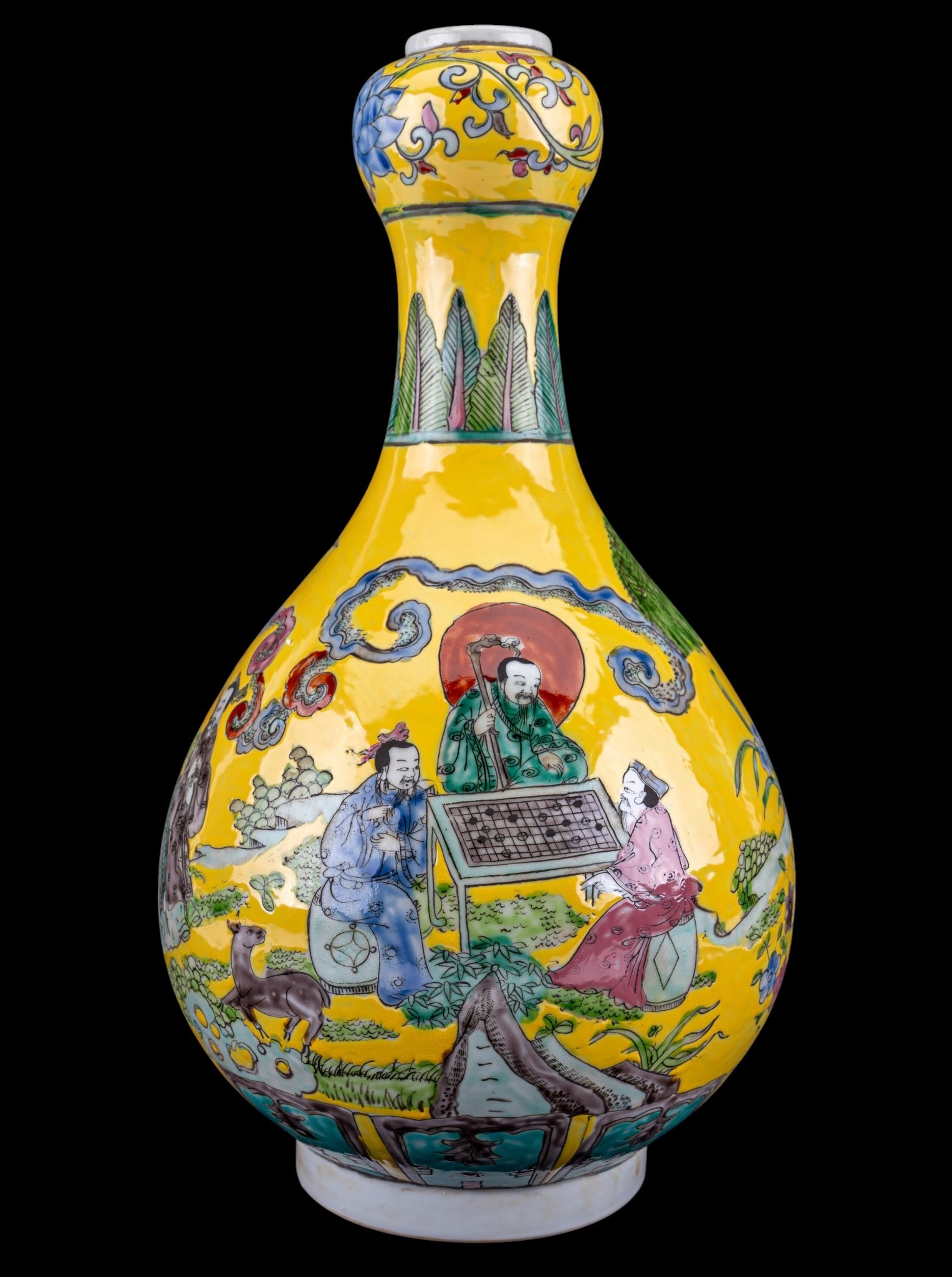 Chinese Famille Rose Bottle Vase: 20th century Chinese porcelain bottle-form vase with yellow ground, decorated in famille rose enamels with continuous scene of immortals. Measures approx. 16" H x 8.75" Diameter. Est Replacement